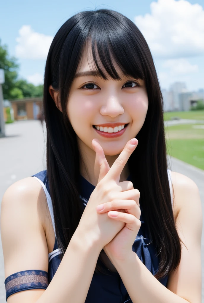 a photo of Japanese female idol, realistic, photo-realistic, best quality, masterpiece, high resolution, intricate details, extremely detailed, sharp focus, professional lighting, (knee shot, frontal photography), (wearing strapless dress), (standing on a path, peace sign, perfect hand), (flat chest), (dark hair, straight hair, blunt bangs), (detailed face, detailed eyes, beautiful pupils, sophisticated nose), (cheerful grin, teeth out), outdoors, cityscape, blue sky and clouds,