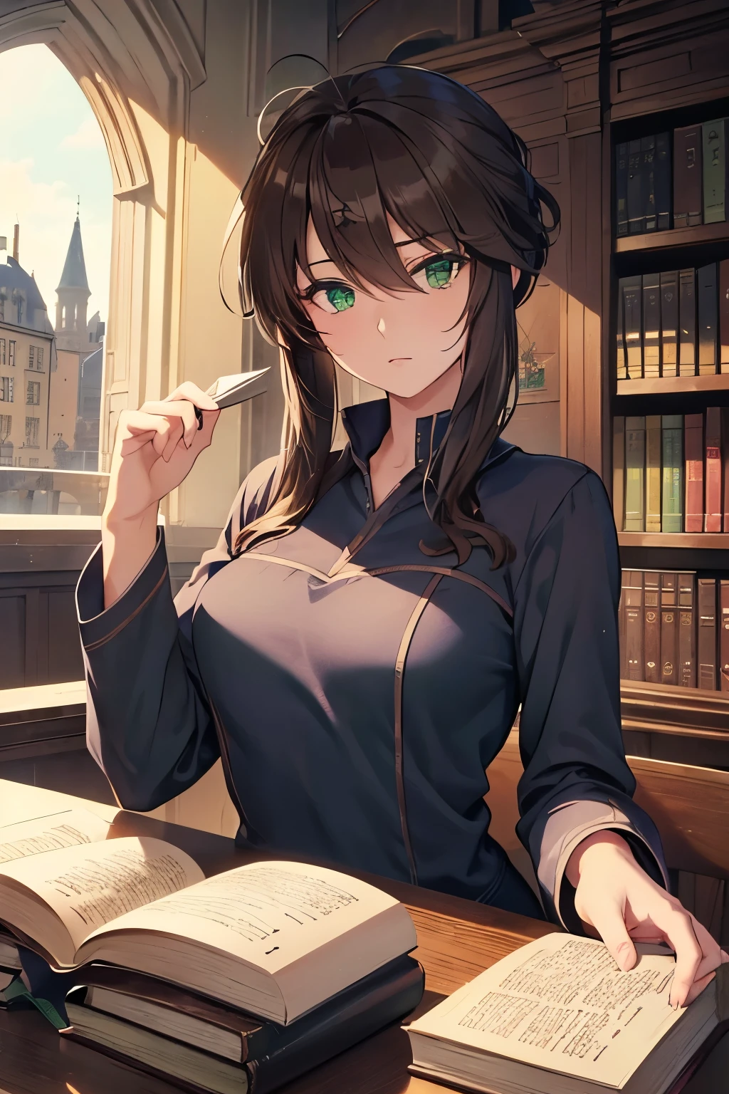 beautiful,cool,lady,(((medium messy dark brown hair))), green eyes,tsurime,In the background is a German University,in the 1960s,(((university student))),(((bad temper))),20 years old,muture,In the background, the castle's library, holding a book