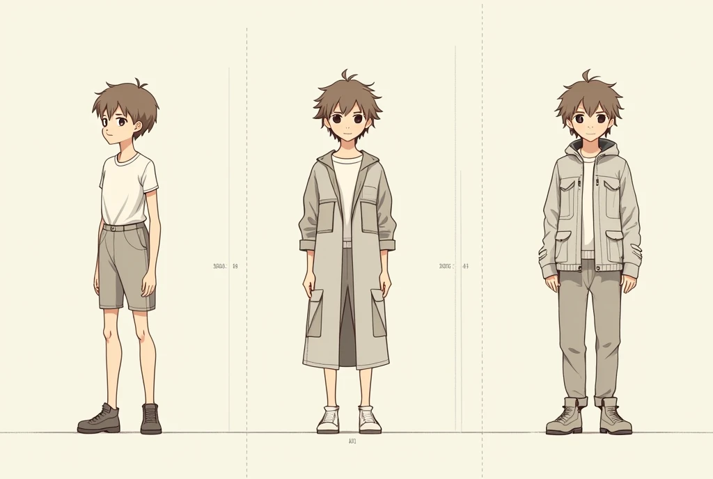 A boy, brown hair, anime style, full body, various angles.