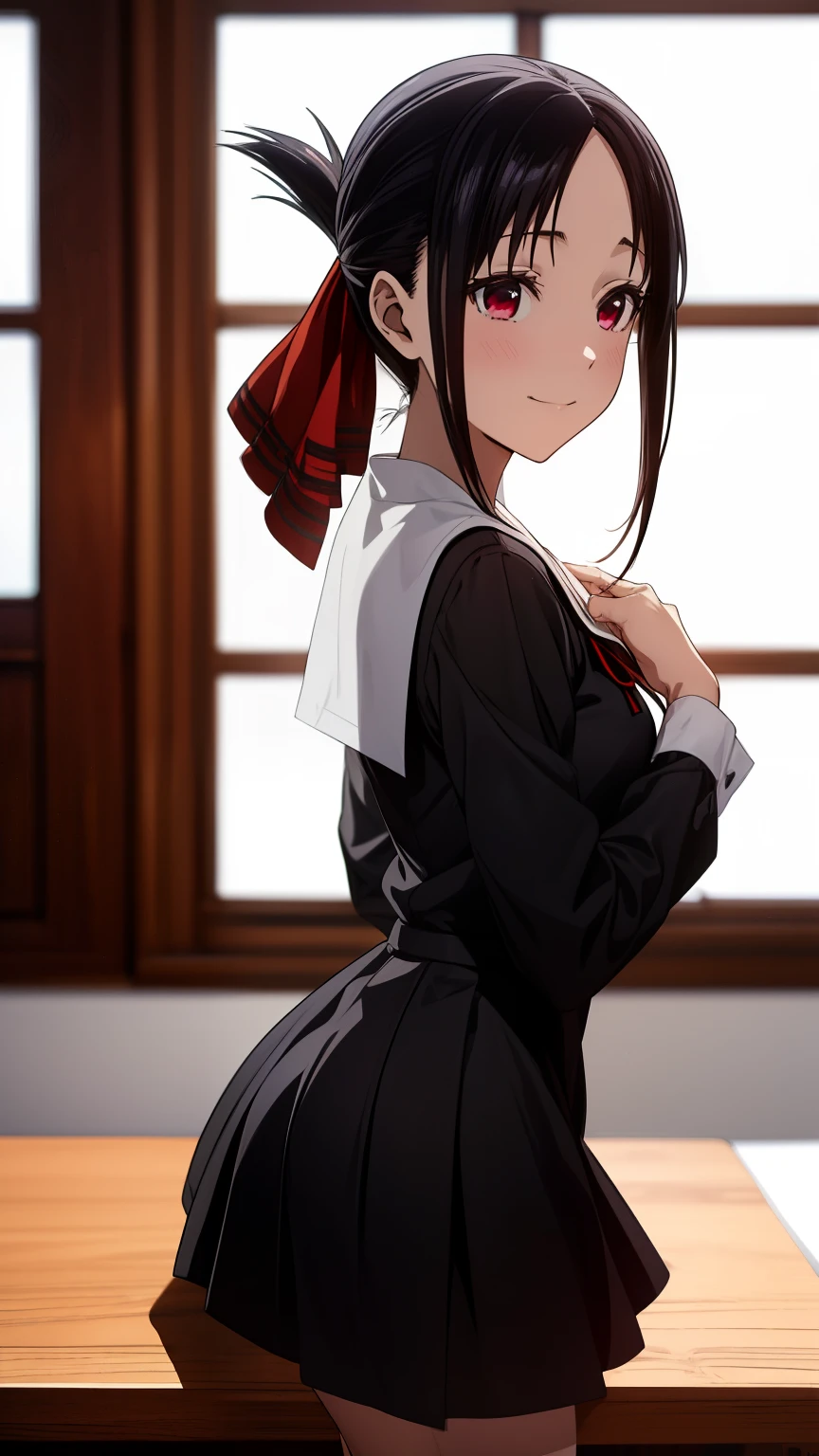 ((Master Quality、8k、masterpiece:1.3、超detailed、High resolution、RAWphotograph、detailed、Blur、Strong eyes、((anime、anime塗り))、photograph、HDR)),Kaguya Shinomiya,(1girl, Alone, Shinomiya Kaguya), red eyes, black hair, hair ribbon, red ribbon, (black school uniform), short dress, long sleeves, small breasts, smile,School、Student Council Room、Looking at the viewer、Random Pause、Random Angle、Cowboy Shot