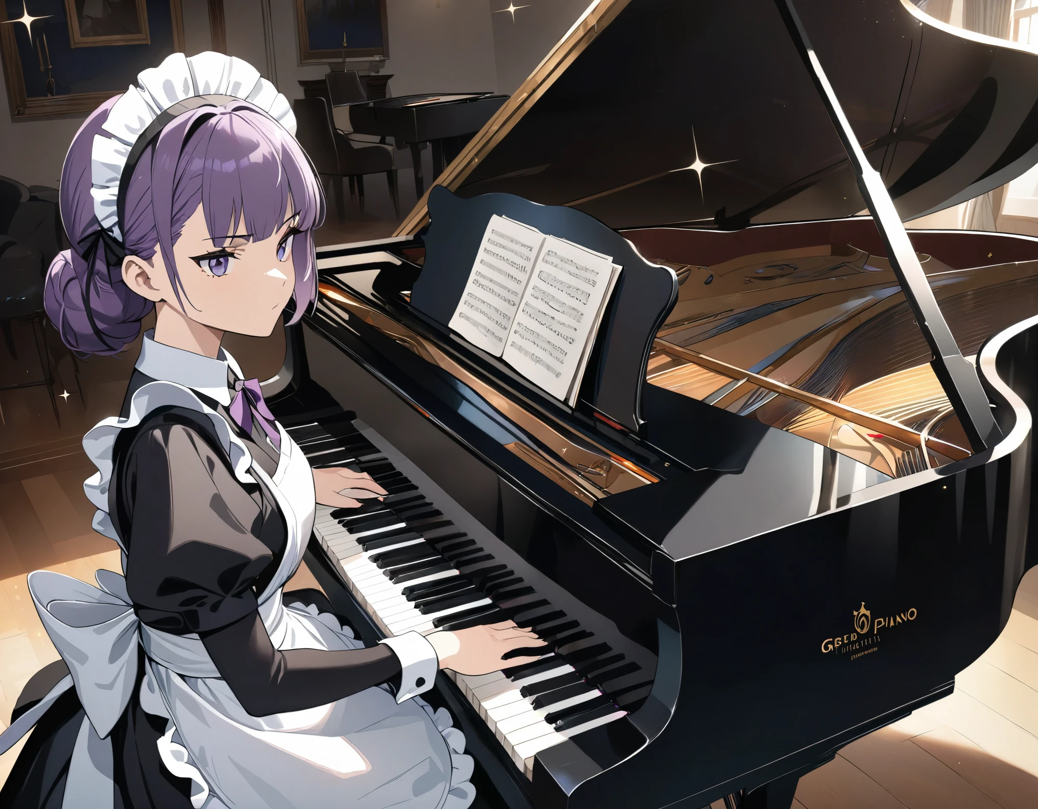 ((best quality)), ((masterpiece)), (detailed), perfect face, high detailed eyes, purple hair, hime cut, maid headdress, anime style, sparkle, Maid outfit, maid apron, Pianist, Grand Piano, Playing the piano, Maid playing piano, Beautiful girl, serious gaze, concentrating on playing