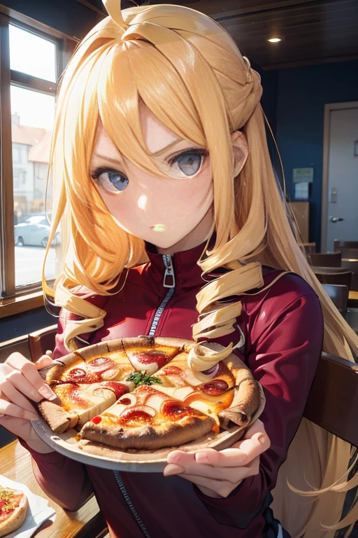 woman,, View your viewers, Long Hair, Ahoge, blonde, Drill Hair, blue eyes, Slanted Eyes, Serious face, Maroon zippered sportswear, Eat pizza on the table, noble&#39;Inside the room、, Upper Body、A room full of Japanese anime posters, Speedy Shot, Masterpiece, detailed, ultra detailed, hyper detailed, insanely detailed, Exquisite, Beautiful Full HD, 16k, cute, Fantasy, A vibrant academic community, Soft line design, Soft Surface, Simple line drawing, Front View, The best light, Fast shutter speed, Written Boundary Depth, Highly saturated colors, Vibrant colors, Bright colors, Dreamy watercolor painting, Best Hand