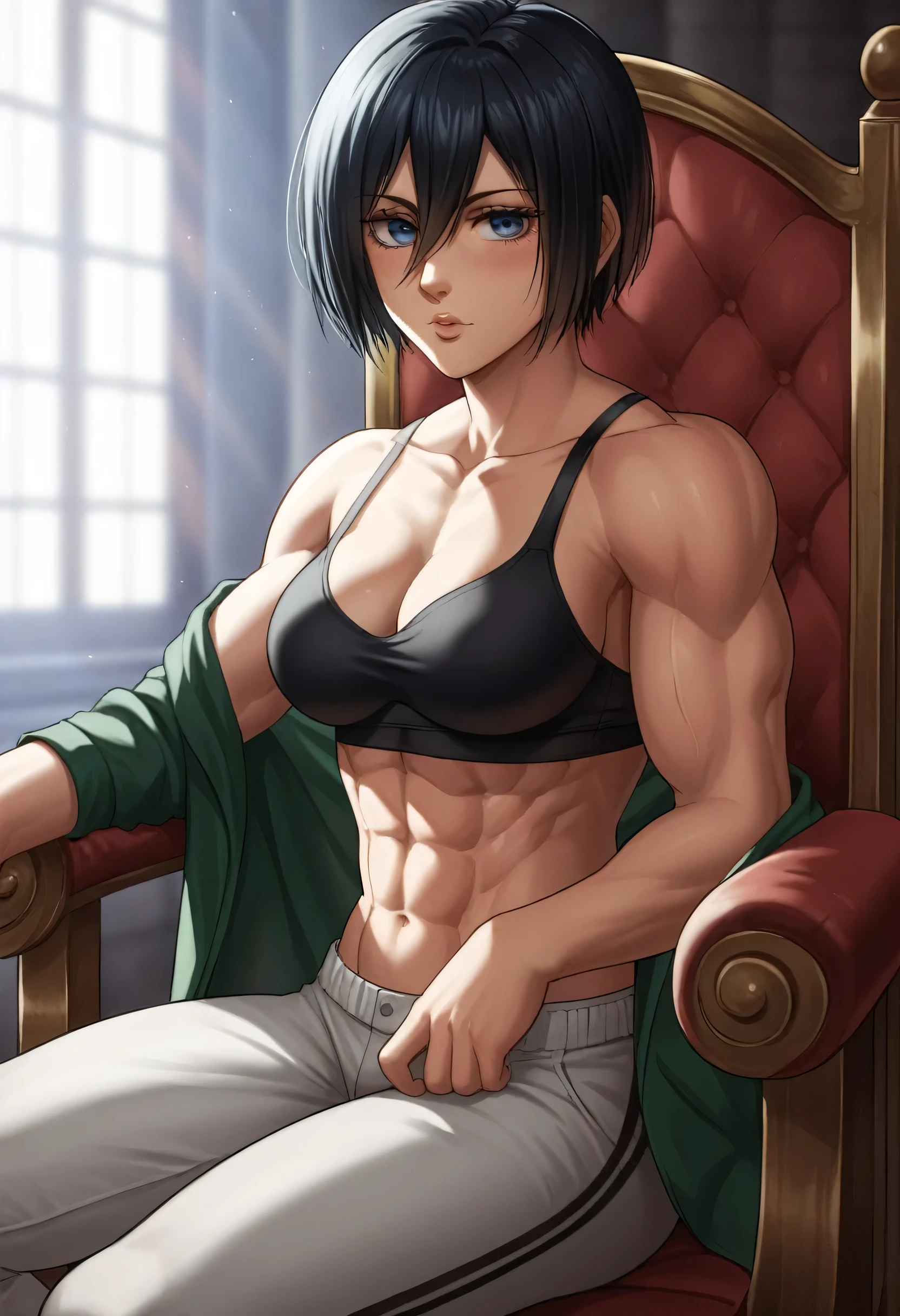 score_9, score_8_up, score_7_up, BREAK source_anime, mikasa ackrman, blue eyes, black hair, short hair, medium breasts,Mikasa wreanig open green jacket with sport bra and black combat pants,mikasa with muscles body,perfect muscles,perfect lighting,mikasa final season design,mikasa mappa version,sitting on throne,king sitting,Perfect generation,mikasa boy hairstyle,mikasa season 4 version,attack on titan graphics,in night,with sculpted body and skinny muscles,pixie cut hairstyle 