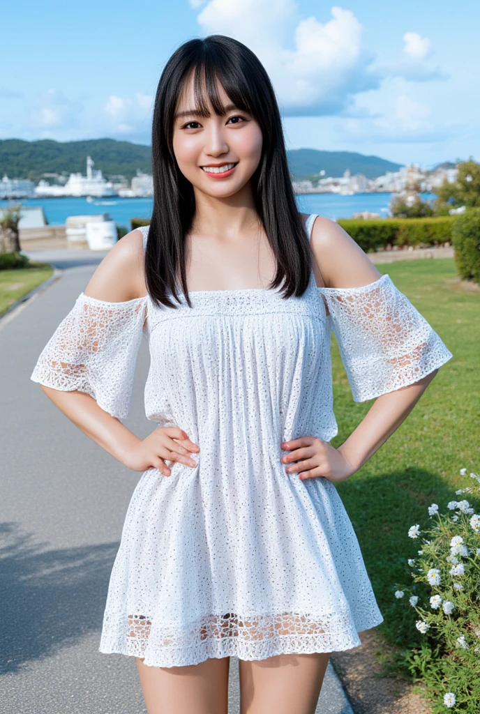 a photo of Japanese female idol, realistic, photo-realistic, best quality, masterpiece, high resolution, intricate details, extremely detailed, sharp focus, professional lighting, (knee shot, frontal photography), (wearing froral summer minidress, off shoulder, sleeveless, skirt lift, showing panties), (standing on a path with hands on hips, perfect hand), (flat chest), (dark hair, straight hair, blunt bangs), (detailed face, detailed eyes, beautiful pupils, sophisticated nose), (cheerful grin, teeth out), outdoors, cityscape, port area, blue sky and clouds,