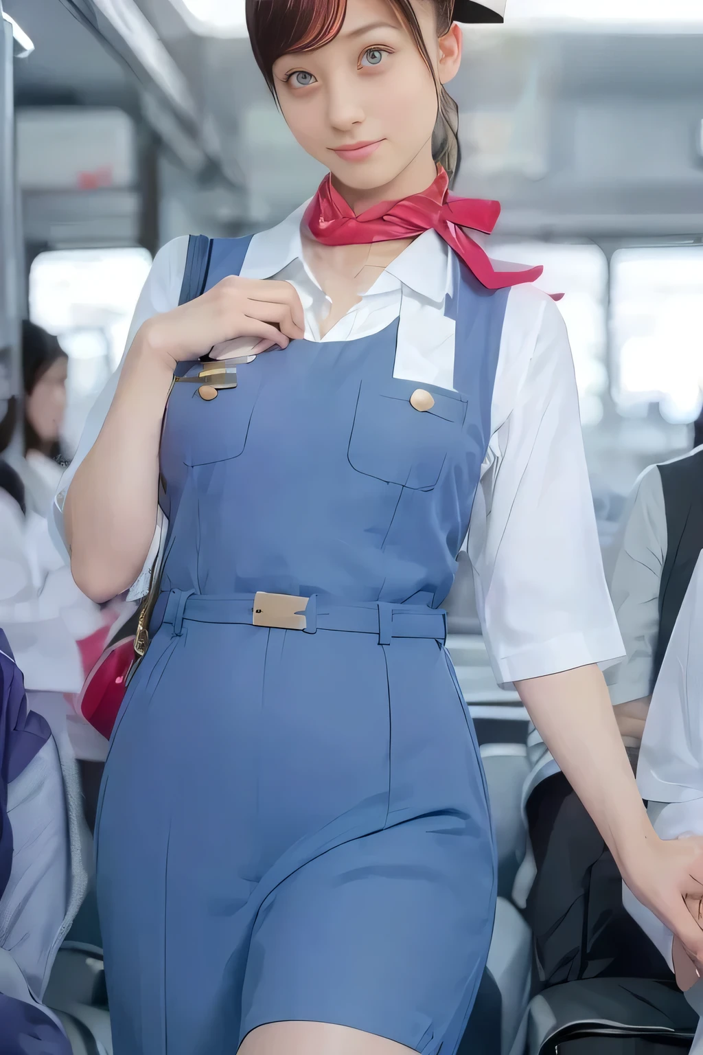 (masterpiece:1.2, Best Quality:1.2), 32K HDR, High resolution, (Alone、1 girl)、(On the roof of a building during the day、Professional Lighting)、Building rooftop background、(Real style of JR Woman wearing train crew uniform beige)、((JR Female Train Crew Uniform Beige Light Blue Blouse Short Sleeve 、 Knee-length culottes skirt、Beige vest、scarf))、Dark brown hair、(Long Hair、Hair tied up、Hair tied up)、Dark brown hair、Long Shot、Big Breasts、Thin legs、((Great hands:2.0)),((Harmonious body proportions:1.5)),((Normal limbs:2.0)),((Normal finger:2.0)),((Delicate eyes:2.0)),((Normal eyes:2.0)))、smile、(JR Woman Train crew uniform beigeのKnee-length culottes skirtを見せた美しい立ち姿)、Hands clasped underneath