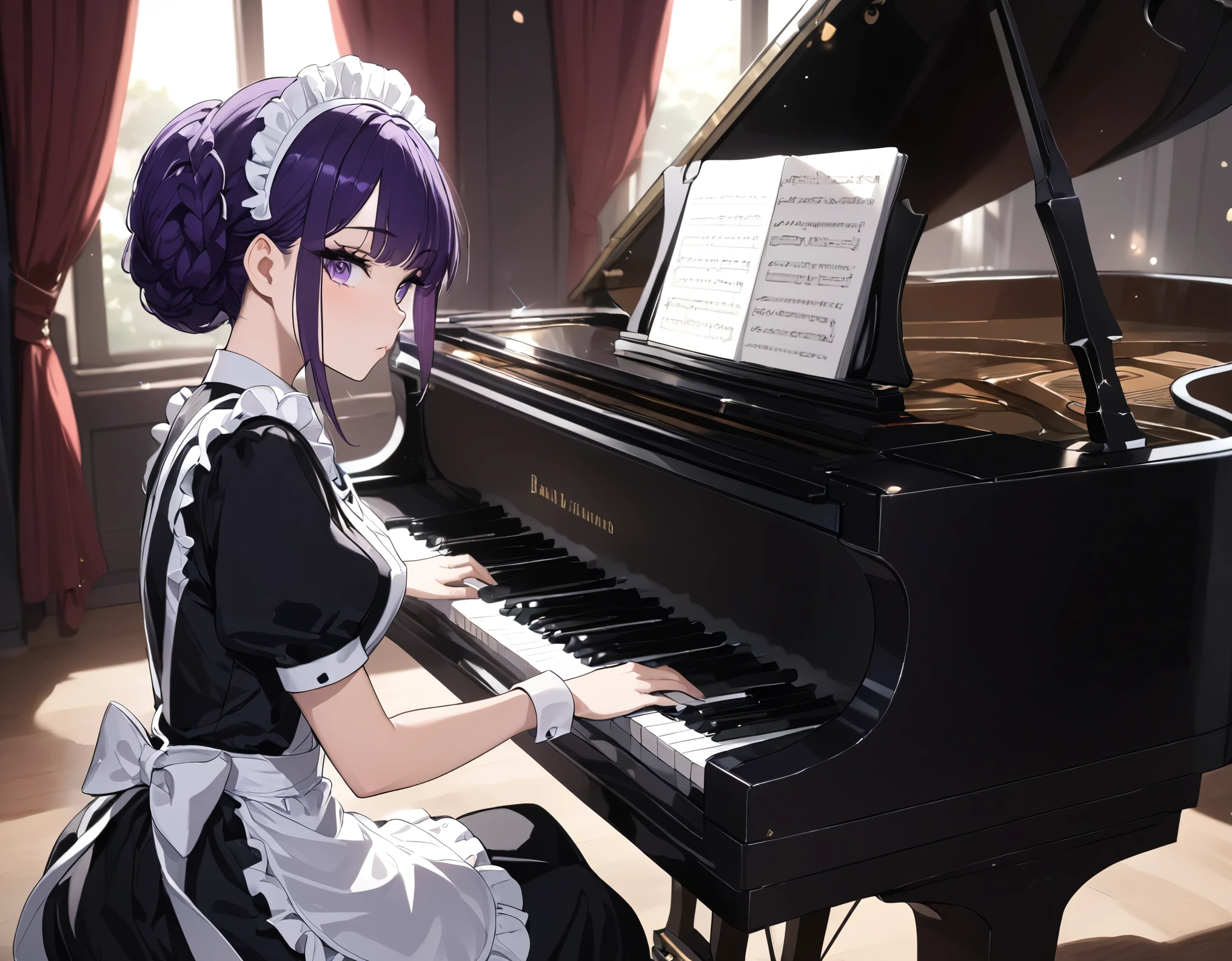 ((best quality)), ((masterpiece)), (detailed), perfect face, high detailed eyes, purple hair, hime cut, maid headdress, anime style, sparkle, Maid outfit, maid apron, Pianist, Grand Piano, Playing the piano, Maid playing piano, Beautiful girl, serious gaze, concentrating on playing