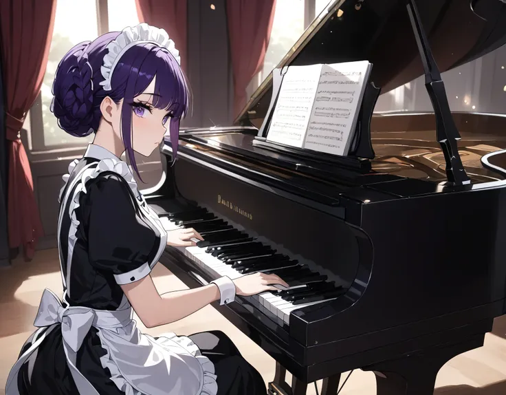 ((best quality)), ((masterpiece)), (detailed), perfect face, high detailed eyes, purple hair, hime cut, maid headdress, anime st...