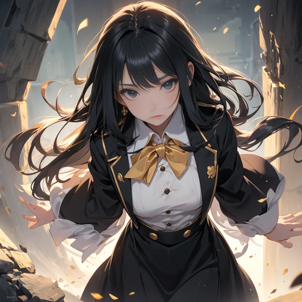 Anime Girls, All-black uniform, Gold Button, Long skirt, Long black hair with bangs, Black Eyes, beautiful, Small breasts, stoic, slender, gentle, Top view