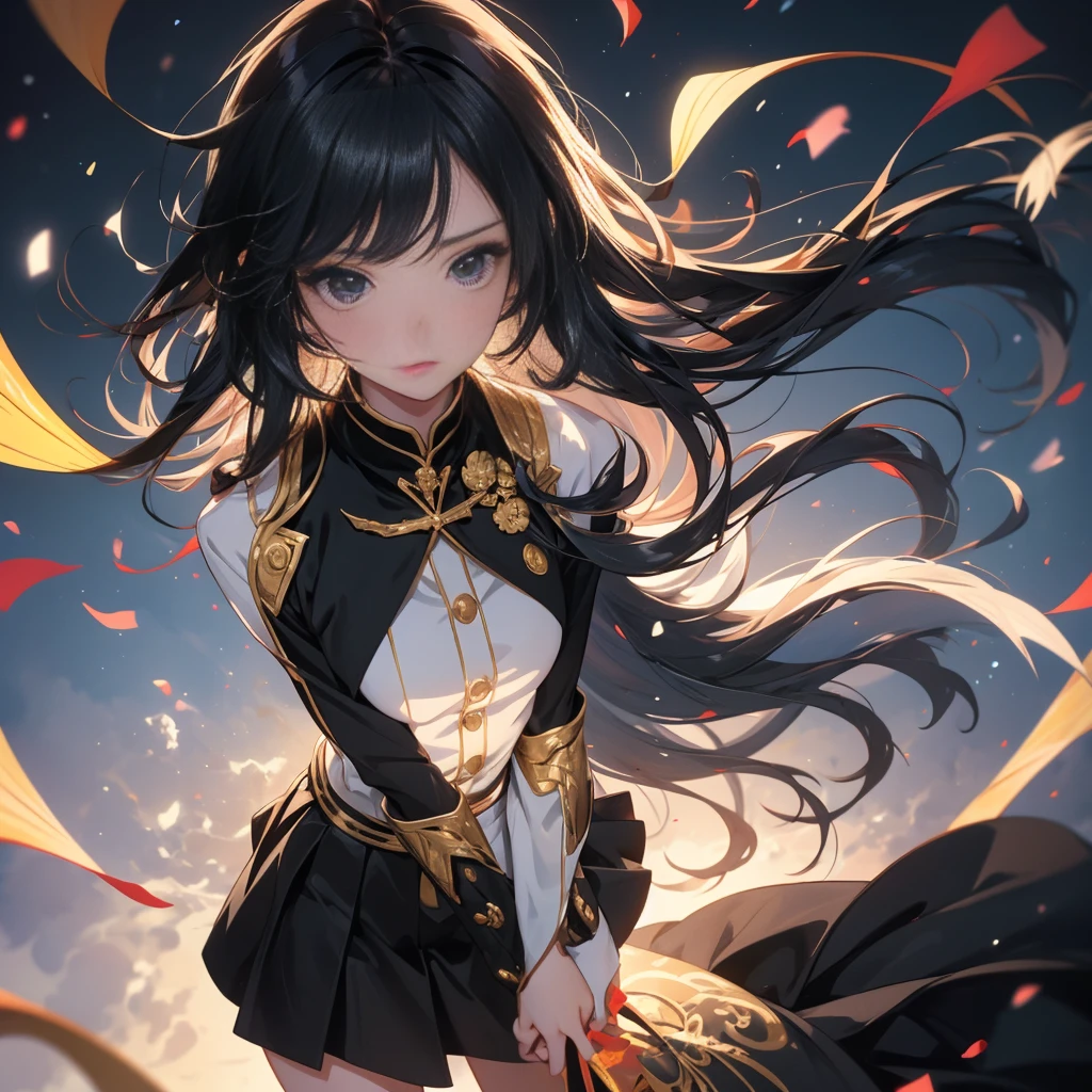 Anime Girls, All-black uniform, Gold Button, Long skirt, Long black hair with bangs, Black Eyes, beautiful, Small breasts, stoic, slender, gentle, Top view