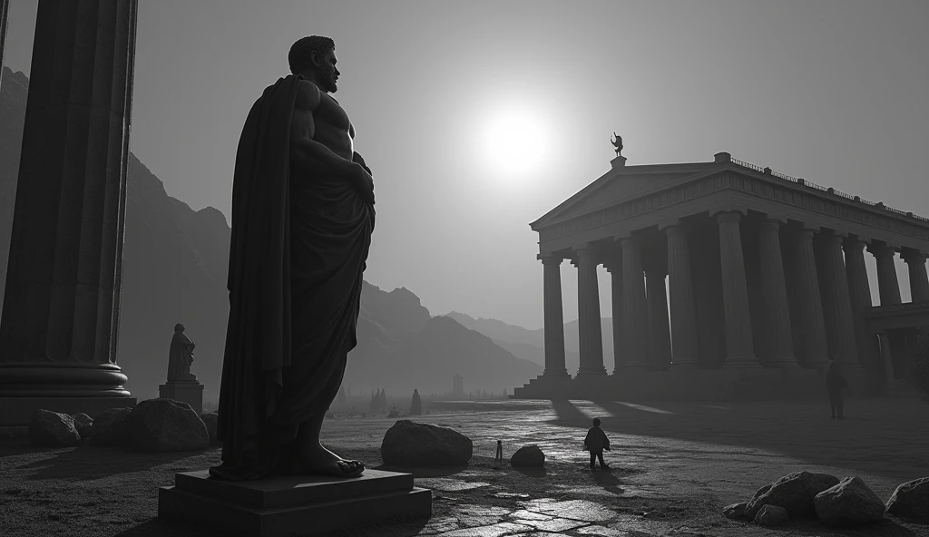 A dark landscape image of an ancient greek society deeply connected to stoicism, black and white, ancient greek architecture, include one single big statue of a stereotypical strong greek man, marcus aurelius