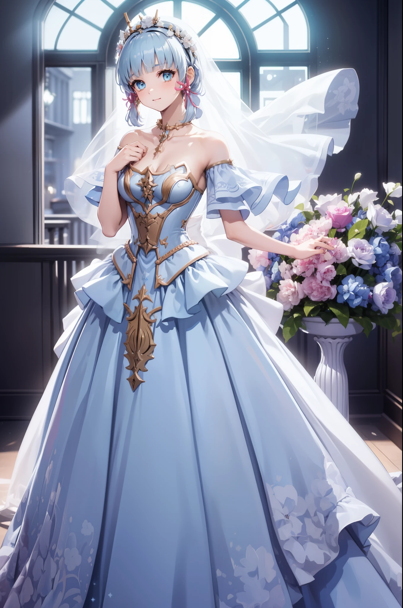 A woman in a blue dress holding a cup of coffee（kamisato ayaka) - SeaArt AI