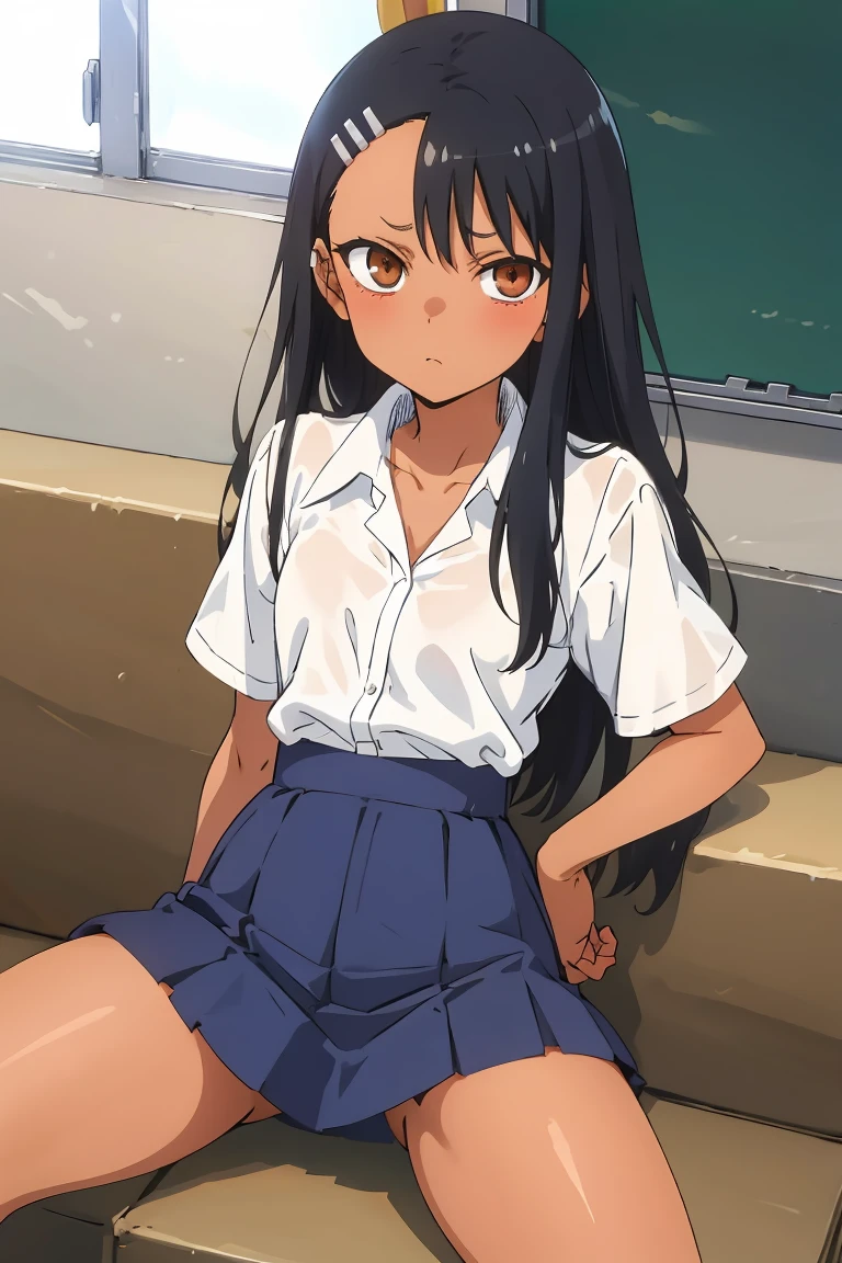 1girl, solo,sitting, small breast, masterpiece, professional artwork, famous artwork, perfect face,nagatoro hayase, brown eyes, hairclip, black hair, cowboy shot, black hair, beautiful face, intense look, ((perfect female body, narrow waist)), background classroom, couch, looking at viewer, blue skirt, (((spreading legs))), white shirt, short sleeves, ((thick thighs)), skirt lifted by self