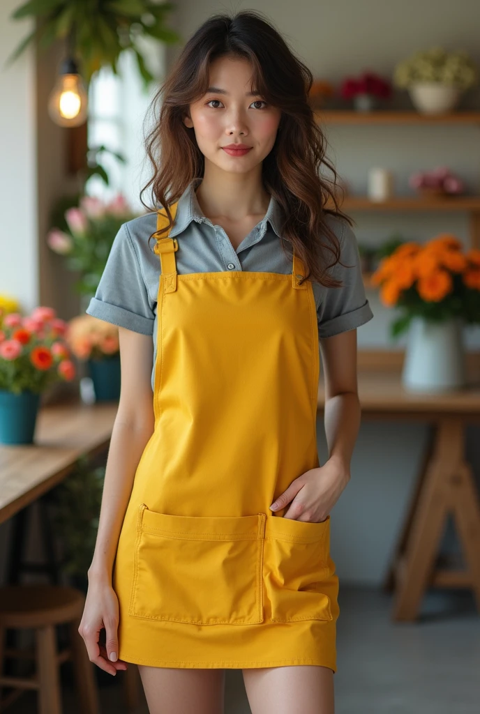 A 20-year-old girl working at a flower shop(Wearing a miniskirt and apron)have a sunflower
