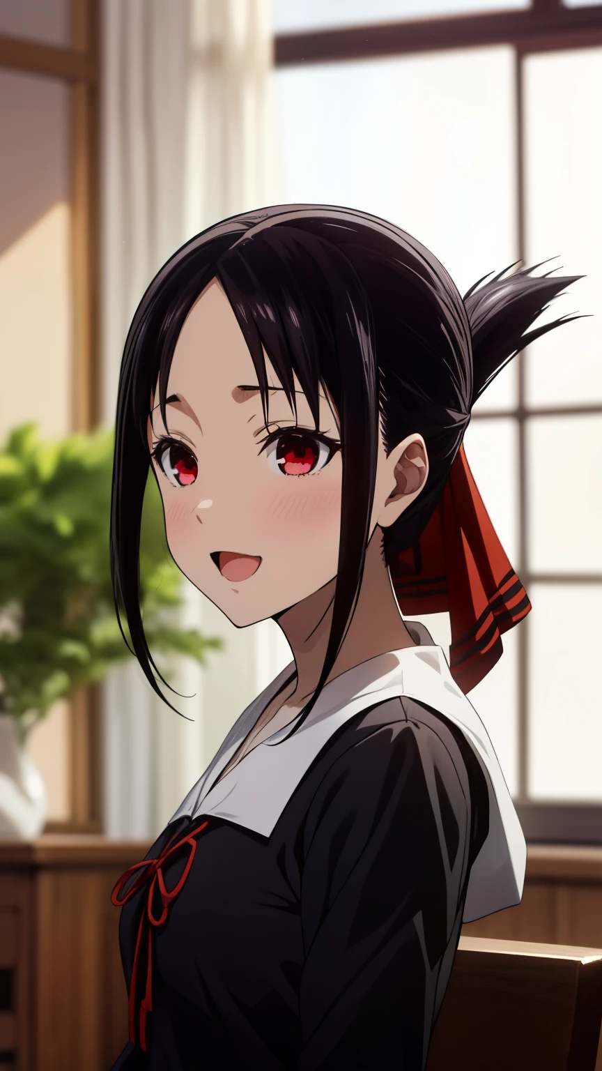 ((Master Quality、8k、masterpiece:1.3、超detailed、High resolution、RAWphotograph、detailed、Blur、Strong eyes、((anime、anime塗り))、photograph、HDR)),Kaguya Shinomiya,(1girl, Alone, Shinomiya Kaguya), red eyes, black hair, hair ribbon, red ribbon, (black school uniform), short dress, long sleeves, small breasts, smile,open mouth、School、Student Council Room、tree、Looking at the viewer、Random Pause、Random Angle、Cowboy Shot