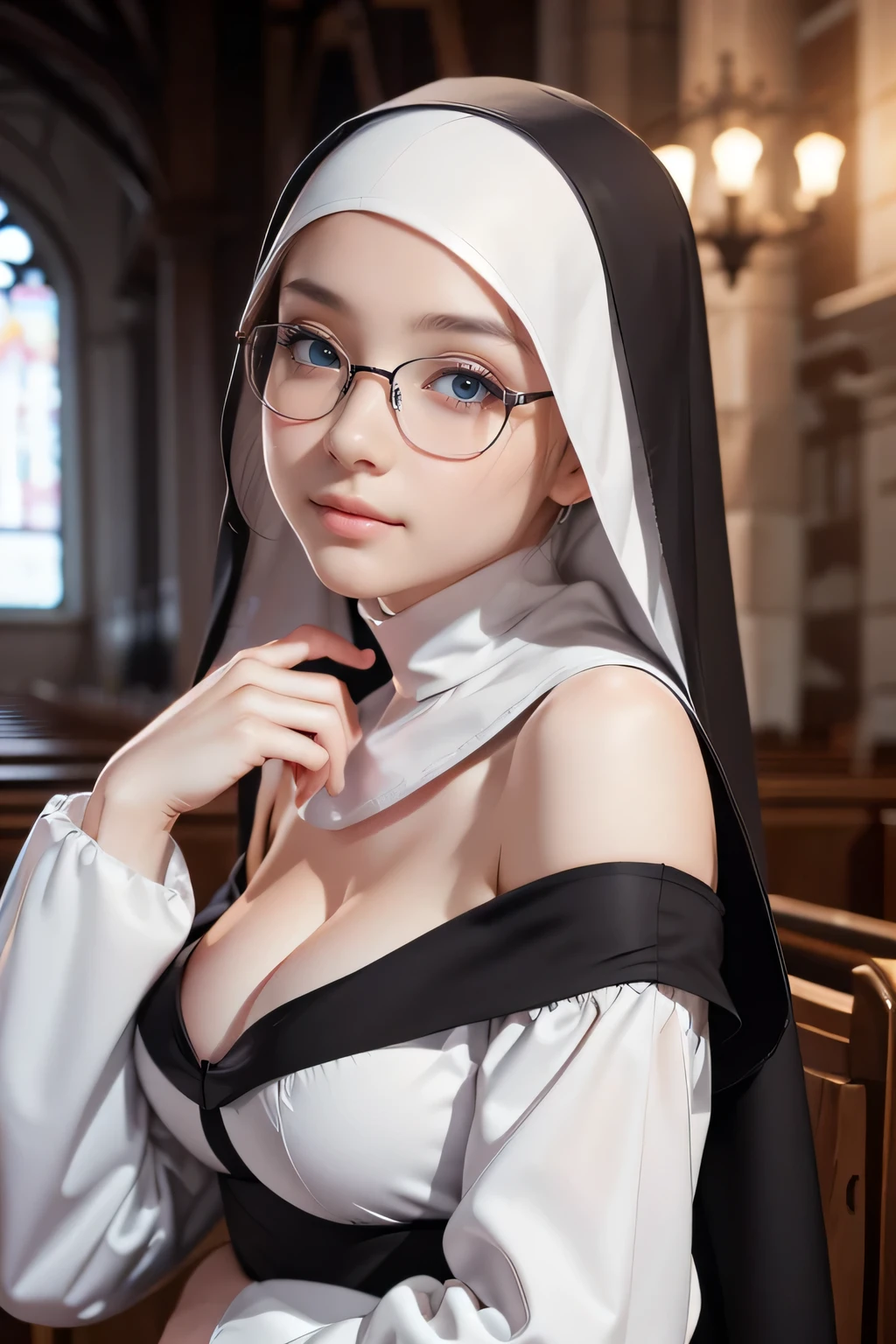 (Pale skin:1.3), masterpiece、realistic、all body girl portrait、beautiful face、Smiling cute、sharp focus、young woman、20th generation、8K post production、High resolution、Super detailed、intricate details、very detailed、pure form、8K resolution、The shape of the head is round and beautiful、small nose、(((wearing glasses)))、(thin frame glasses)、((huge breasts:1.2))、((Off-the-shoulder nun costume with nun hood))、((church))、((aroused face:1.2)), (Blushed face:1.3), (Cowboy shot:1.3),