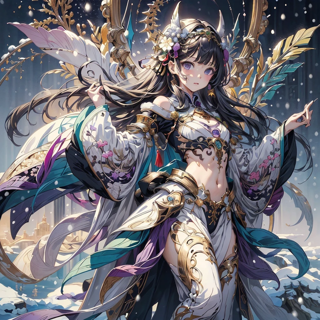 (masterpiece, Best Quality, Best Quality, Official Art, beautifully、aesthetic:1.2),(One girl),Extremely detailed,(Fractal Art:1.3),colorful,Most detailed..,purple,white,green,Chest,abdomen,Snow,(whole body:1.5),face,(たった一つのface.:1.1),.