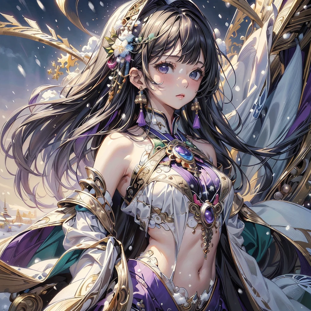 (masterpiece, Best Quality, Best Quality, Official Art, beautifully、aesthetic:1.2),(One girl),Extremely detailed,(Fractal Art:1.3),colorful,Most detailed..,purple,white,green,Chest,abdomen,Snow,(whole body:1.5),face,(たった一つのface.:1.1),.