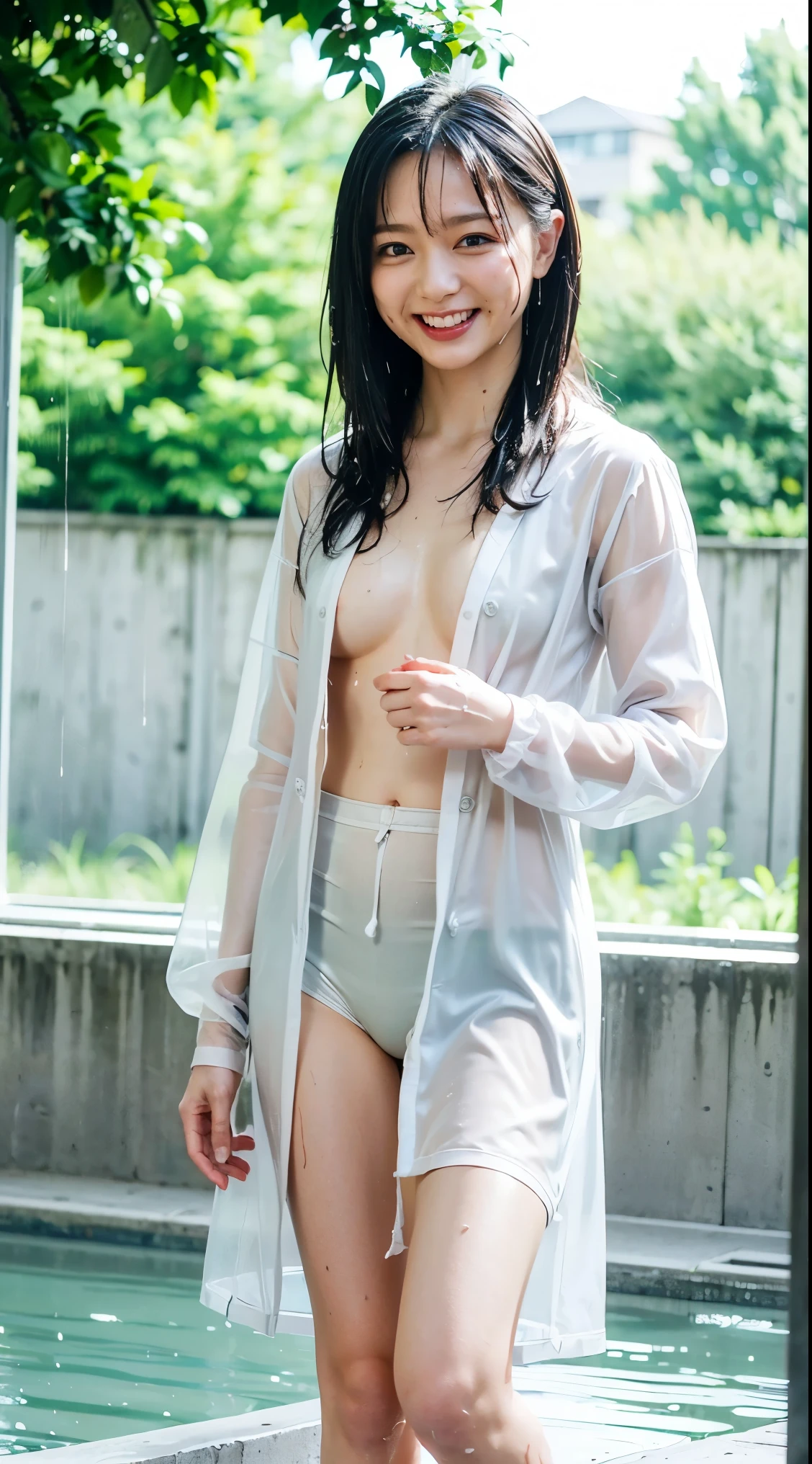 (8k、RAW Photos、Best Quality、masterpiece:1.2)、((Soaking wet:1.5))、((smile、naked、Nipples、Slender、Very flat chest、Transparent raincoat))、(Realistic、Realistic)、1 girl、((concrete、cute))