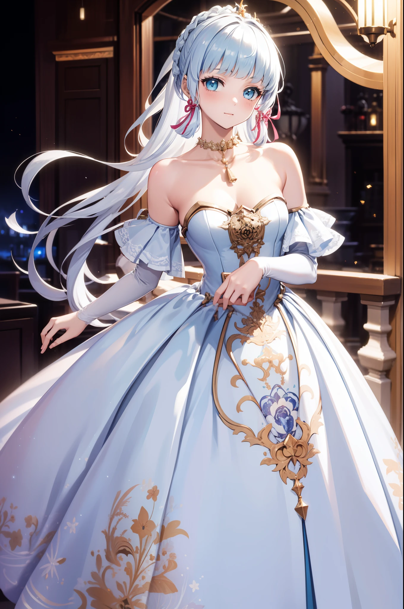 (Best quality,4K,8K,high resolution,masterpiece:1.2)，Teen Girls，Obsessed，have fun，in love，Light princess dress，Sky blue eyes,Wedding Dress,White No Smell，Transparent clothes，A little aqua blue fabric,A little lace，A few white wrinkles，Exquisite clothing，Starry Sky，Alone，night