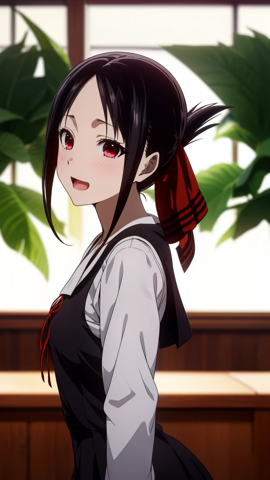 ((Master Quality、8k、masterpiece:1.3、超detailed、High resolution、RAWphotograph、detailed、Blur、Strong eyes、((anime、anime塗り))、photograph、HDR)),Kaguya Shinomiya,(1girl, Alone, Shinomiya Kaguya), red eyes, black hair, hair ribbon, red ribbon, (black school uniform), short dress, long sleeves, small breasts, smile,open mouth、School、Student Council Room、tree、Looking at the viewer、Random Pause、Random Angle、Cowboy Shot