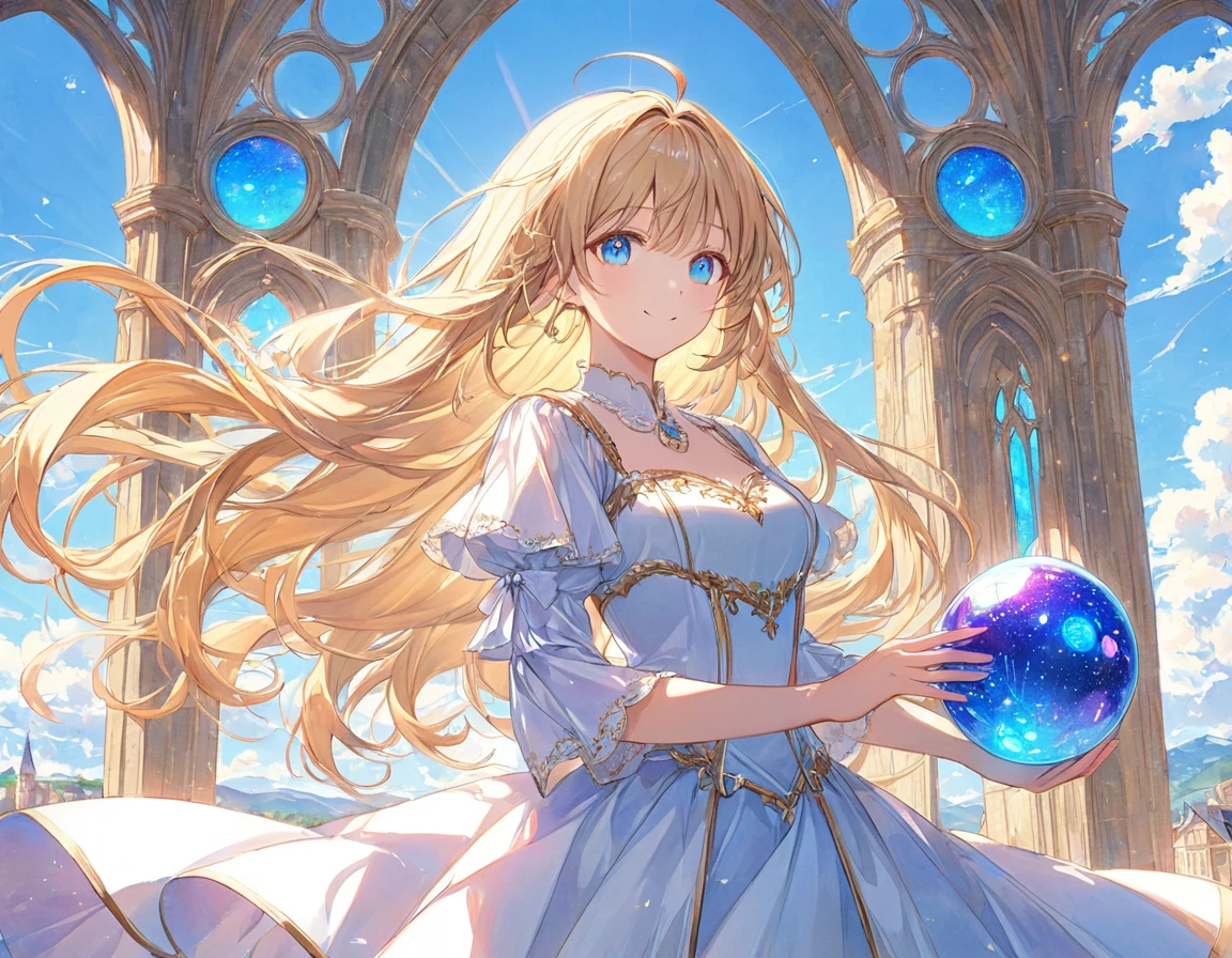 woman,, View your audience, Long Hair, Ahoge, blonde, Drill Hair, blue eyes, Slanted Eyes, smile, beautiful, Shiny red afternoon dress, long term, Standing, courtesy, Upper Body、Medieval glowing ball, Speedy Shot, masterpiece, Best Quality, detailed, ultra detailed, hyper detailed, insanely detailed, Exquisite, beautiful, Full HD, 16k, cute, Fantasy, A vibrant academic community, Soft line design, Soft Surface, Simple line drawing, Cowboy Shot, Front View, The best light, Fast shutter speed, Written boundary depth, Highly saturated colors, Vibrant colors, Bright colors, Dreamy watercolor painting, Best Hand