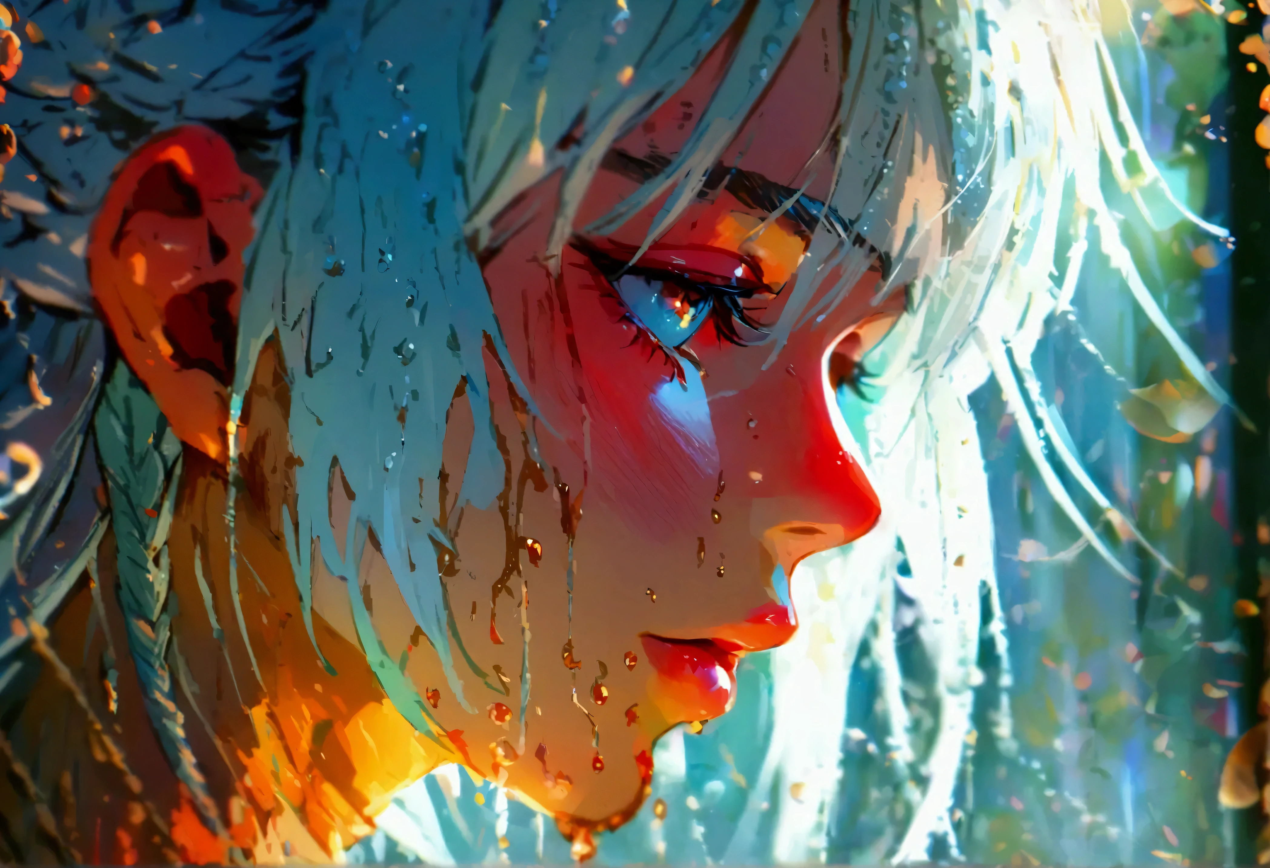 cinematographic drawing,a woman crying, long white hair,just the face,UHD, high resolution, Blurred Background,Dark theme, solitary, dark environment,