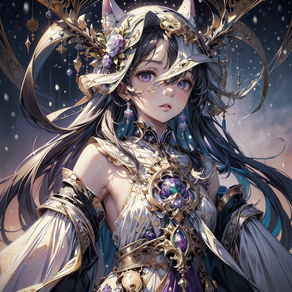 Best Quality、(masterpiece, Best Quality, Best Quality, Official Art, beautifully、Mysterious:1.2),(One girl),Extremely detailed,(Fractal Art:1.3),colorful,Most detailed..,purple,white,green,Chest,abdomen,Snow,(whole body:1.5),face,(たった一つのface.:1.1),Masterpiece