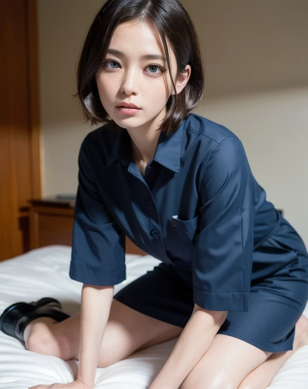 (table top, highest quality), (school uniform shirt:1.3), (tight shirt:1.3)、See-through,white short sleeves gloomy face:1.5), close up face, very cute、facing the front、baby face、(Junior idol:1.4)、sitting on the bed, delicate girl, Bedroom, looking at the viewer, violaces, gardenia, 8k, 85mm portrait, official art, RAW photo, absurd, Cinch West, Upper body, no makeup, ((, cleavage, small breast)), (face light, sharp focus:0.8), (best of navy、navy pleated skirt:1.5), simple background, Eye and face details,(((Hotel, Darkness in the room, Bedrooms)))、nipples are transparent
