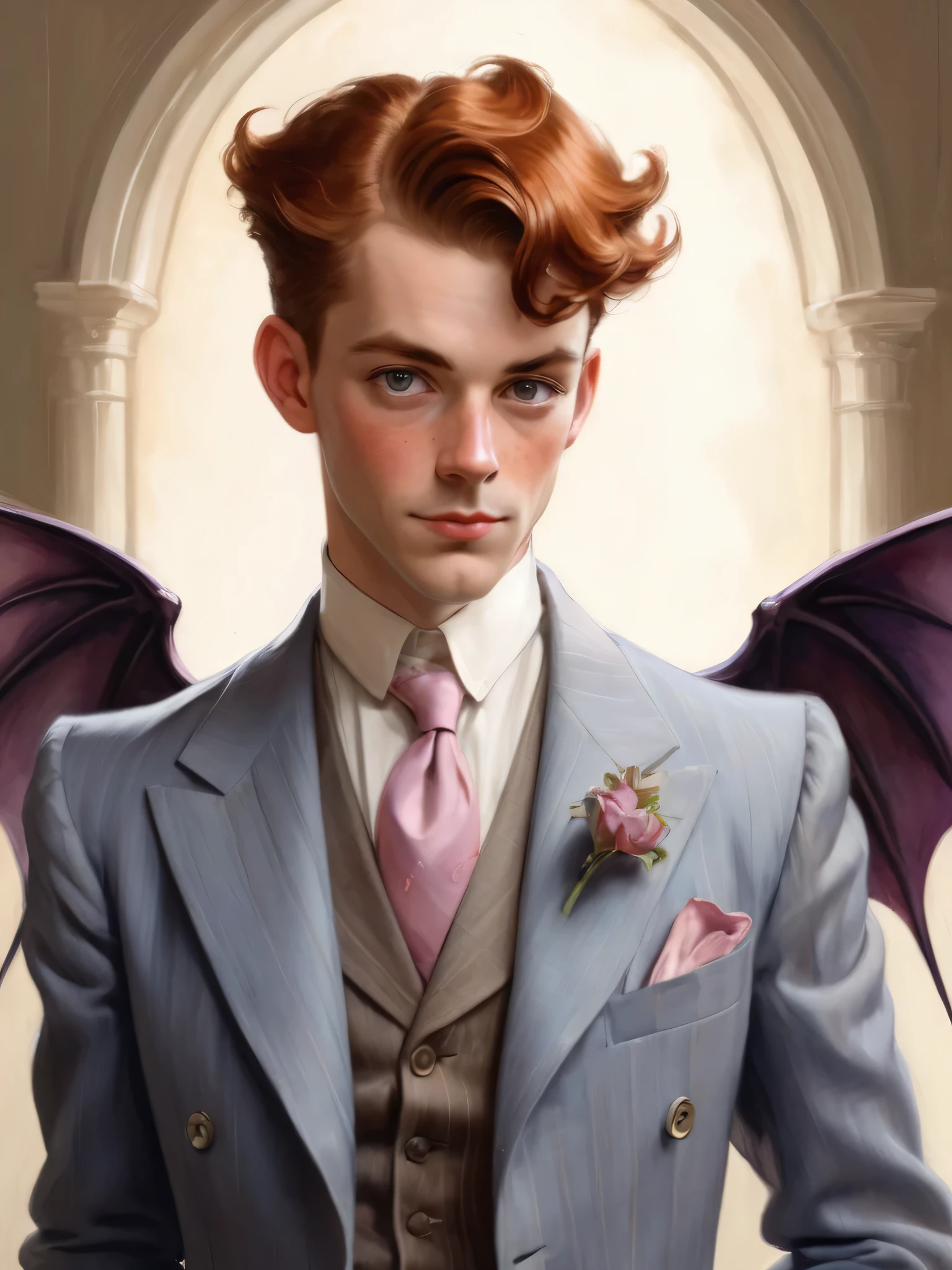 ((best quality, masterpiece)), john singer sargent style anime illustration, 1man, bertie wooster, freckles, very freckled, tousled light honey auburn hair, beautifully detailed eyes (pale cornflower blue), 30 years old, 1920s light check tweed suit, pink tie, rosebud in buttonhole, devil wings (small, purple-black, sprouting from his lower back), looking over his shoulder, male succubus, small horns, sweet expression, fancy 1920s gentleman's club in the background