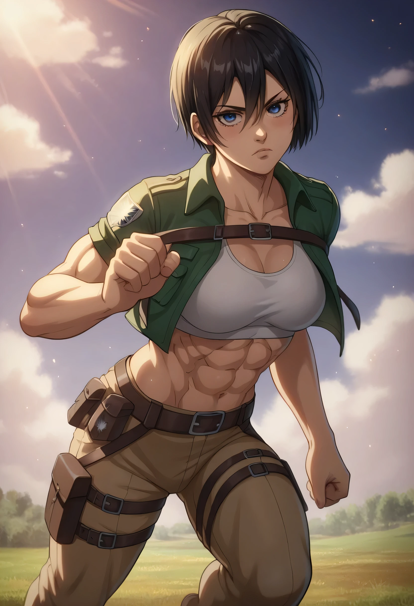 mikasa ackerman, abs, bare belly, 1girl, clean face, blurred, black hair, letterboxed, ground, cuts, blurred background, depth of field, short hair, clean, black eyes, tree, green field with trees in the background, eight pack abs, ripped clothes, ripped on belly area, post timeskip, 1girl, focus on abs, medium breasts, breasts, extremely detailed, detailed body, detailed skin, belly up view, focus on belly up view.