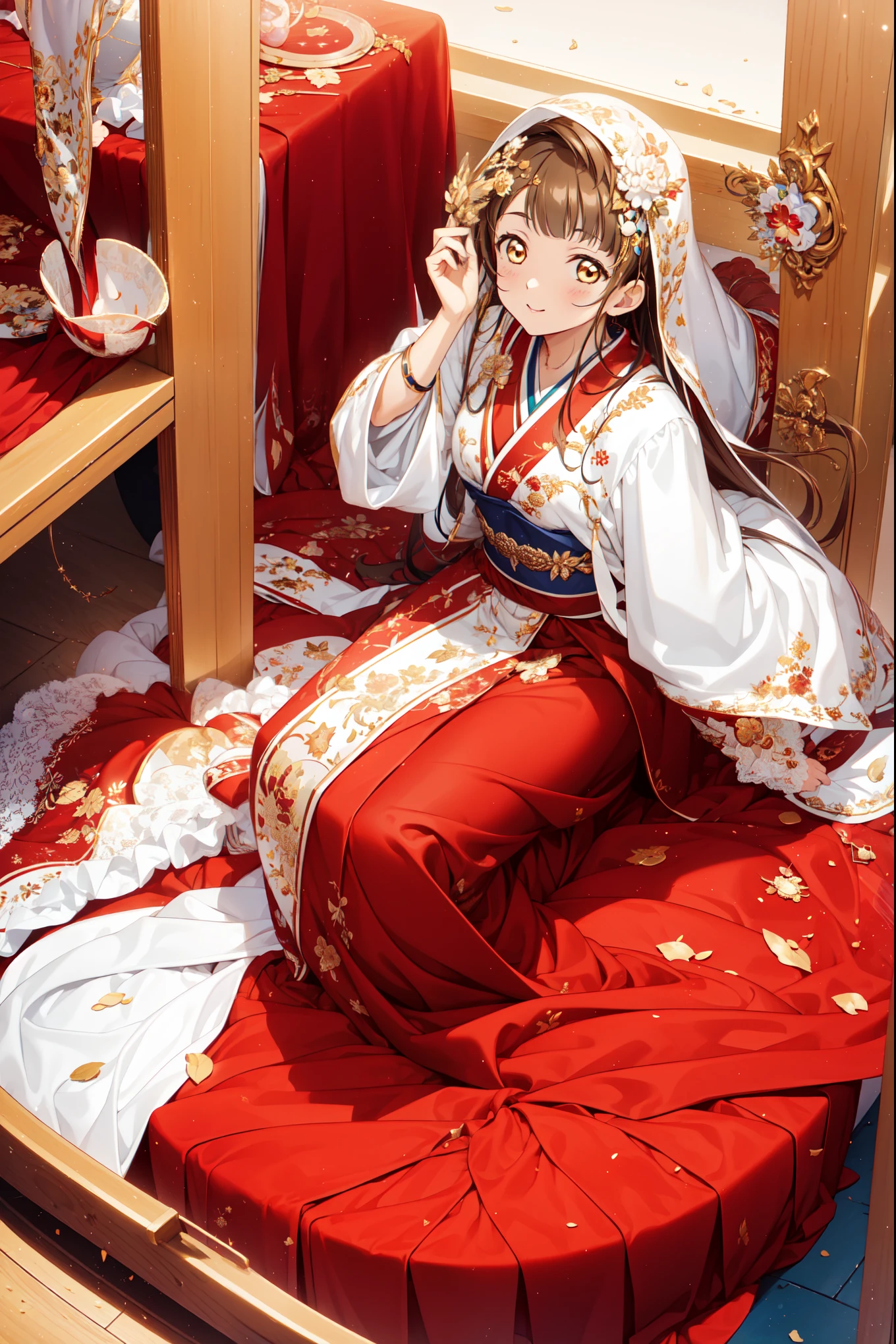 Minami Kotori，High-resolution masterpiece quality, Unity 8k wallpaper illustration, Golden Eyes，Brown hair，Fabric headdress, Rich facial details, Highly detailed CG, Glossy lips, Light makeup,Lace，charm，Hanfu，