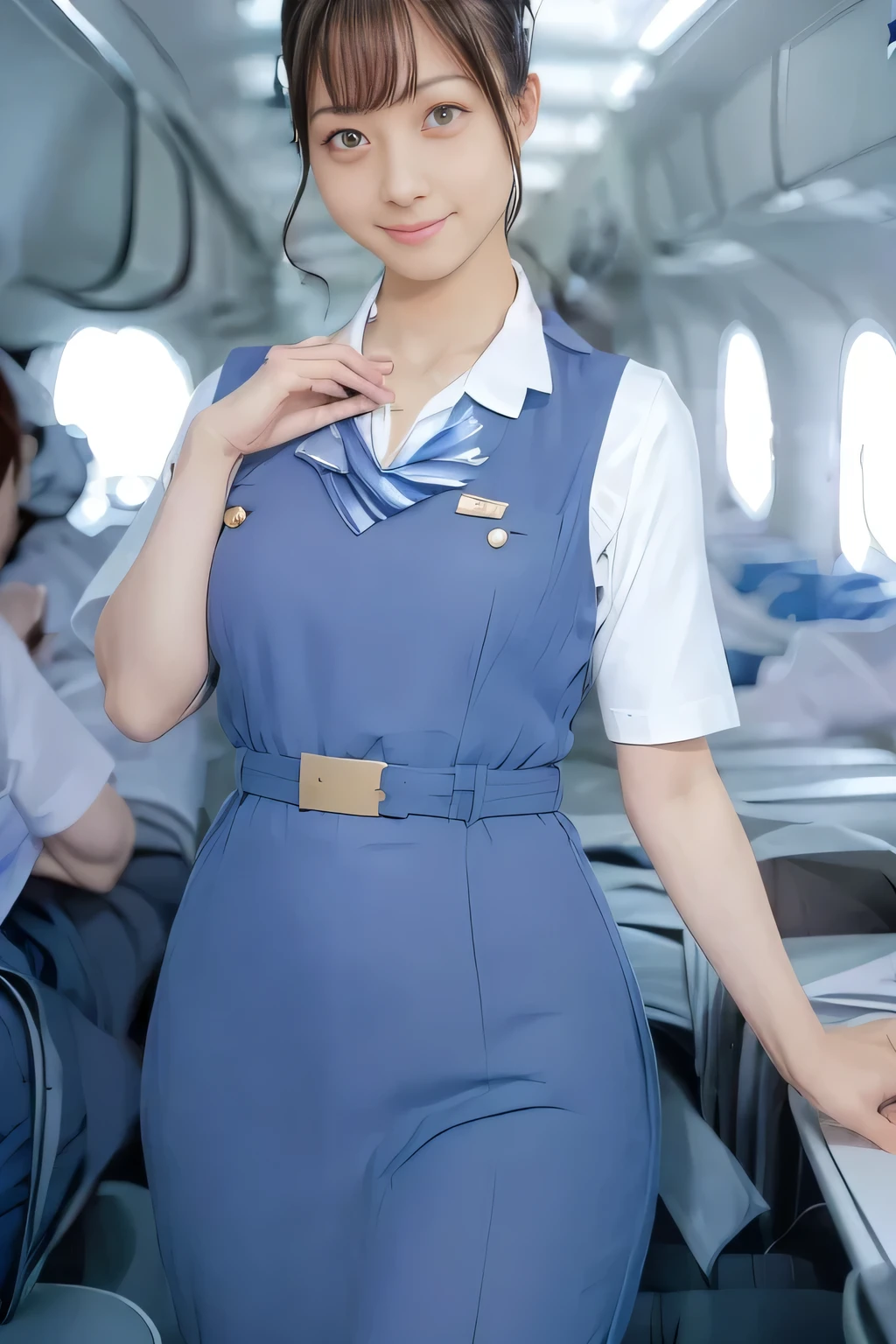 (masterpiece:1.2, Best Quality:1.2), 32K HDR, High resolution, (Alone、1 girl)、(On the roof of a building during the day、Professional Lighting)、Building rooftop background、(Real style wearing Japan air system cabincrew uniform blue)、((Japan Air System cabincrew uniform blue jumper skirt with buttons on both breast pockets、White short sleeve blouse 、 Light blue vest around waist、Scarf around the neck))、Dark brown hair、(Long Hair、Hair tied up、Hair tied up)、Dark brown hair、Long Shot、Big Breasts、Thin legs、((Great hands:2.0)),((Harmonious body proportions:1.5)),((Normal limbs:2.0)),((Normal finger:2.0)),((Delicate eyes:2.0)),((Normal eyes:2.0)))、smile、(Japan air system cabincrew uniform blueを見せた美しい立ち姿)、Hands clasped underneath