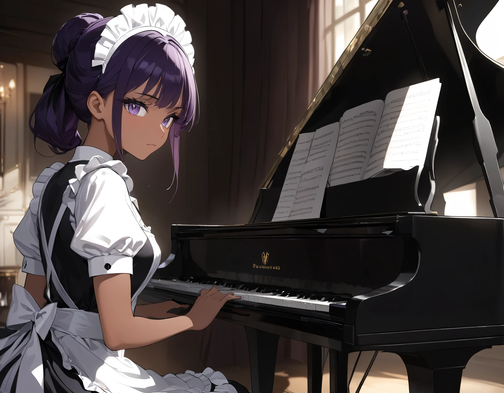 ((best quality)), ((masterpiece)), (detailed), perfect face, high detailed eyes, purple hair, hime cut, maid headdress, anime style, sparkle, Maid outfit, maid apron, Pianist, Grand Piano, Playing the piano, Maid playing piano, Beautiful girl, serious gaze, concentrating on playing, tanned skin, dark skin, from avobe