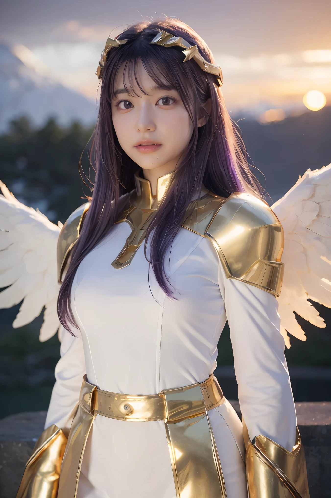 ((masterpiece, best quality, extremely detailed), volumetric lighting, ambient occlusion, colorful, glowing), 
1girl, solo, young girl, (purple hair), long hair, halo, aura, sacred, goddess, cleric suit, (white outfit with gold detailst:1.3), angel wings,
outdoors, sunset, sky, clouds, space, (fantasy theme:1.2),