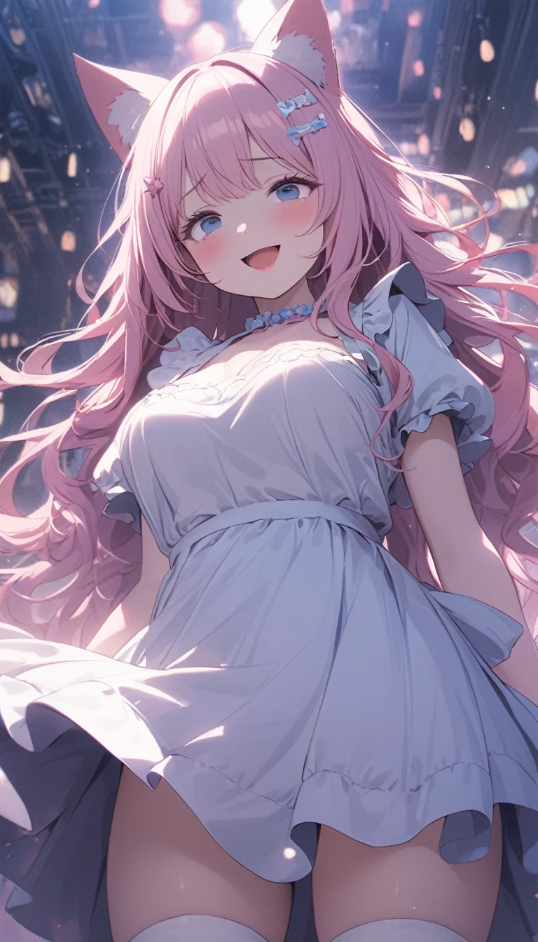 @Onigiri, One girl\(blue eyes,Big Eyes,Tears,(((((Droopy eyes))))),(((Narrow eyes))),cute,((Plump)), (Long Hair:1.3),(((pastel)) light-pink hair),(Wavy Hair:1.2),(Hair floating), Pale skin,(pink cheeks),((pink lips)),bangs, cat ears, dress\(short,((pastel)) ((pink)), (), Open Cleavage\),White apron, Large Breasts, Blurred foreground, , Bokeh,Depth of written boundary, smile, Open your mouth, Tall, Cheerful attitude,((cute hairpins)),((pink lips)),White garter thigh high socks,((ＩＤCards from the neck))\), ((pastel colors)), break ,background\(Dreamland, ((pastel colors)),Many lights\), break ,quality\(8k,Extremely detailedＣＧユニットのwallpaper, masterpiece,High resolution,top-quality,top-quality real texture skin,Surreal,Increase the resolution,RAW Photos,最高quality,Very detailed,wallpaper,Cinematic Lighting,Ray-tracing,Golden Ratio,\),From below,[nsfw:2.0]