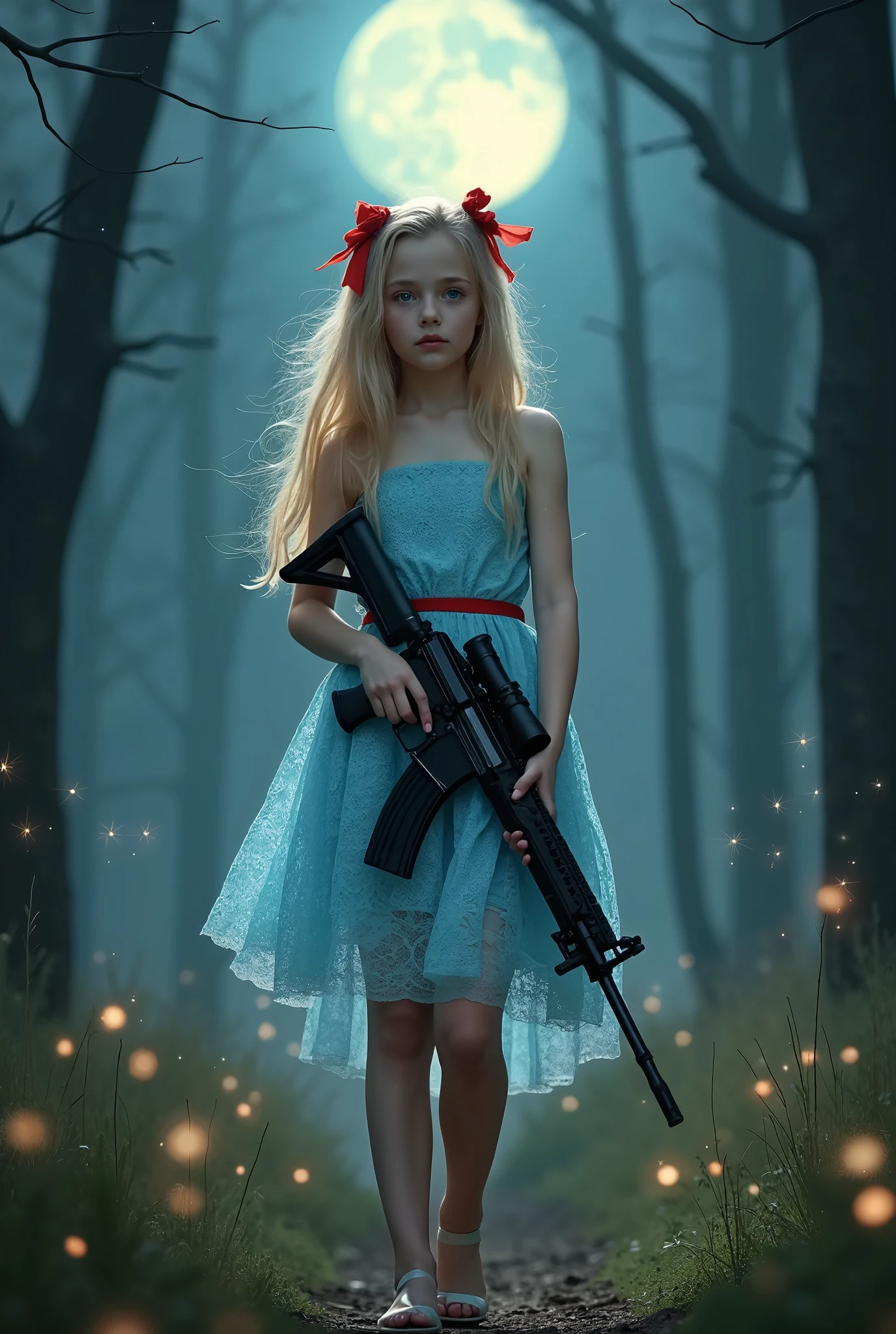 (masterpiece), best quality, expressive eyes, perfect face, girl walking to the viewer, blue eyes, long gold blond hair, sky blue dress, lace dress, sleeveless, glass heels, she smiles shyly, red bows at hair, red bows at dress, she is in a dark forest, moonlight, fireflies flying everywhere, dark sky, stars , She drags an assault rifle