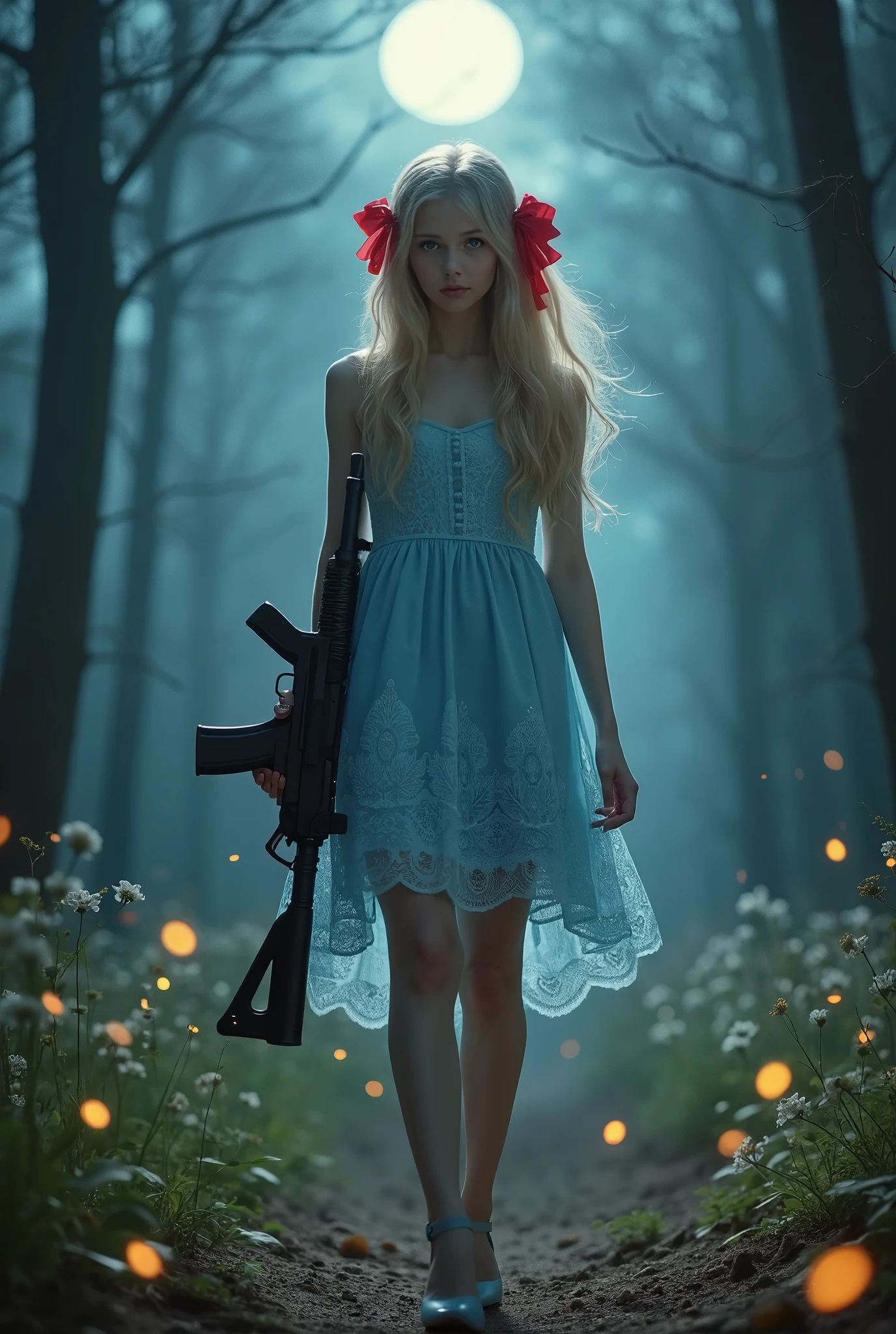 (masterpiece), best quality, expressive eyes, perfect face, girl walking to the viewer, blue eyes, long gold blond hair, sky blue dress, lace dress, sleeveless, glass heels, she smiles shyly, red bows at hair, red bows at dress, she is in a dark forest, moonlight, fireflies flying everywhere, dark sky, stars , She drags an assault rifle