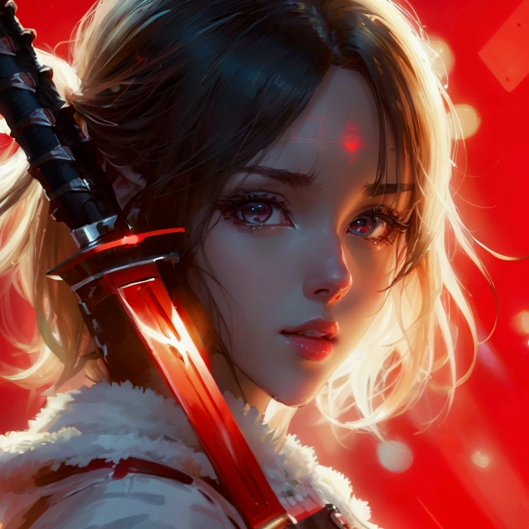 A close-up of a woman holding a sword in front of a red background., destination zero, destination / spend the night, destination/zero, destination spend the night, Detailed anime digital art, Detailed anime key art, alicization, detailed anime illustrations, Epic anime artwork, anime style like destination/spend the night, anime rudo 8K, anime art wallpaper 4k