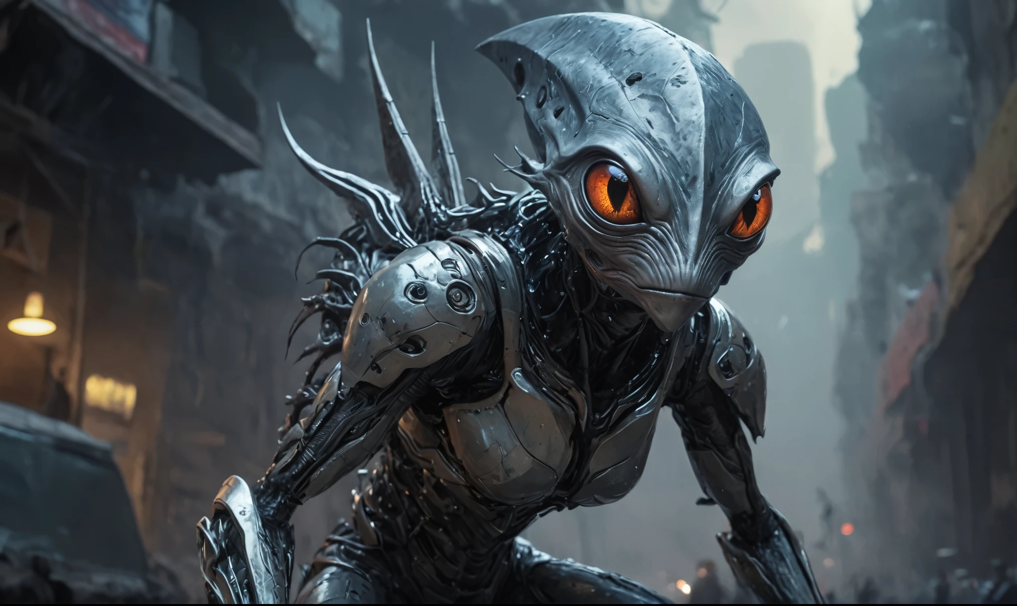 cinematic shot of giant buff alien, big wide eyes, galaxy reflextion in the eyes, the alien got galaxy skin, big open mouth with sharp teeth, slime running out of the mouth, standing inside a futuristic spacestation, HD, masterpiece, best quality, hyper detailed, ultra detailed,