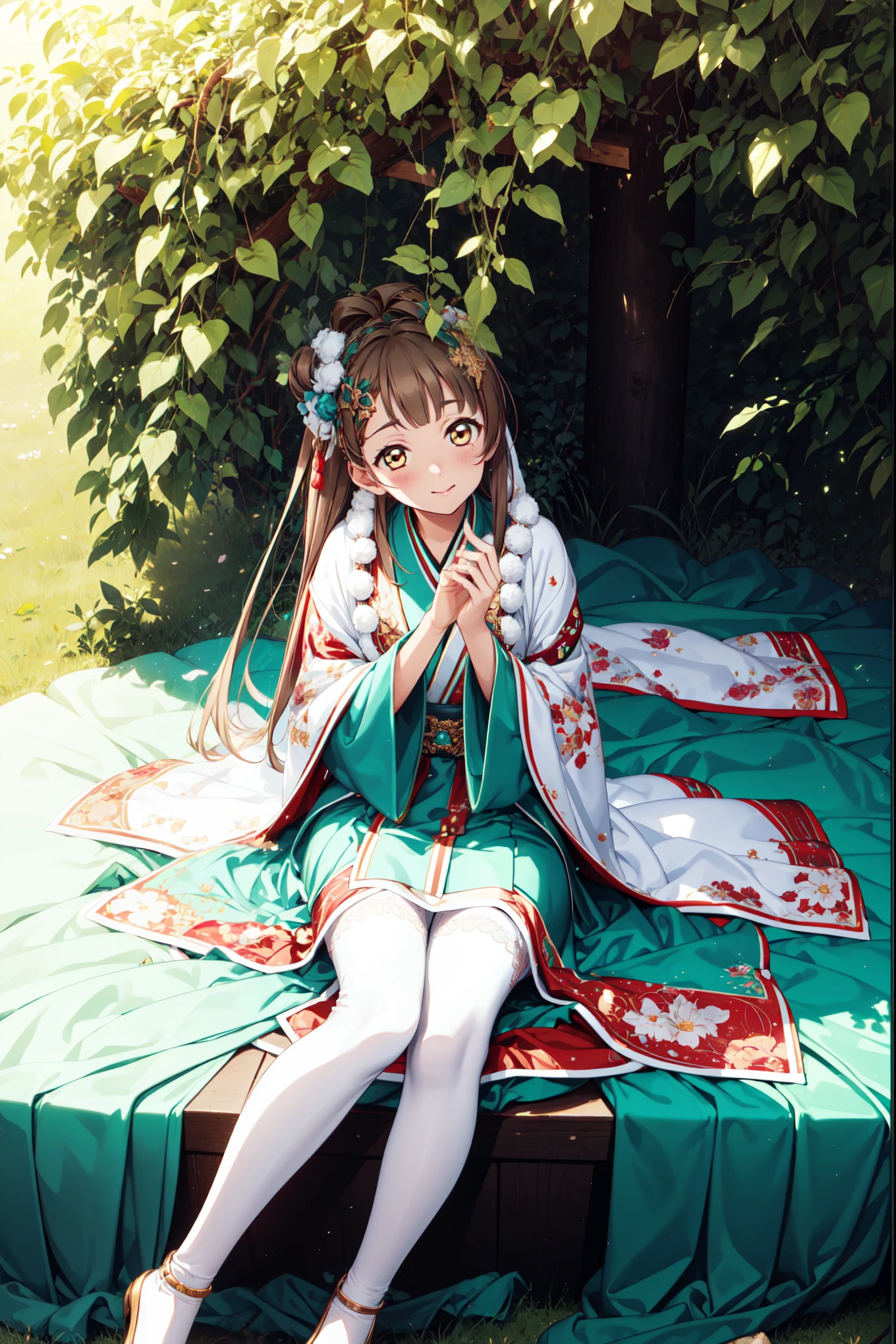 Minami Kotori，High-resolution masterpiece quality, Unity 8k wallpaper illustration, Golden Eyes，Brown hair，Fabric headdress, Rich facial details, Highly detailed CG, Glossy lips, Light makeup,Lace，charm，Hanfu，Reasonable human body