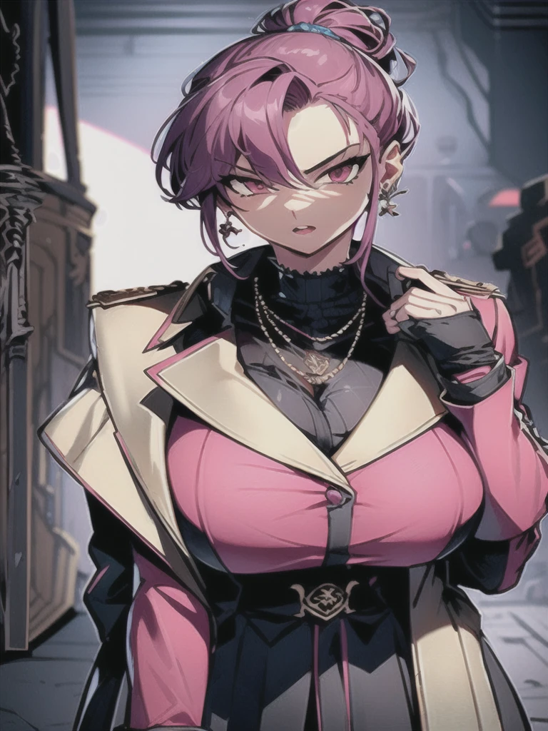 masterpiece,best quality,kim_kwang_hyun, 1girl,  large huge breasts, looking at viewer, large huge breasts, long sleeves, dress, cleavage, opened mouth, weapon((halberd)), puffy sleeves, clothing cutout, copyright name, black dress, cleavage cutout, juliet sleeves , power armor, shoulder armor,