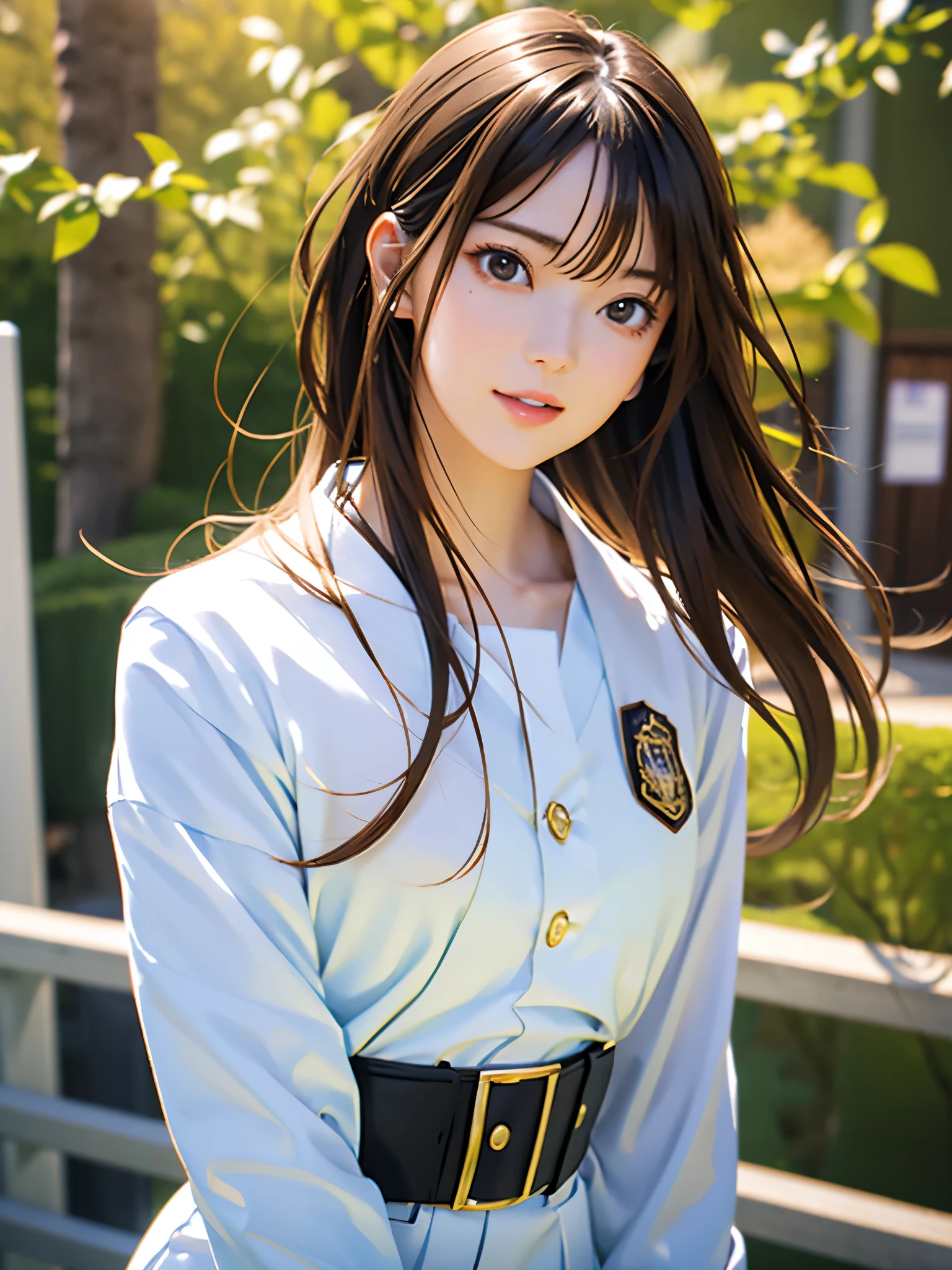 High resolution, 8k, Best Quality, detailed, Semi-realistic anime, 3D anime style, Smooth anime CG, One Girl, 20 year old Japanese woman, slim, Modeling, Shiny brown hair, detailedな顔, Beautiful and detailed, Glowing Skin, Hard Focus、Film Grain, Soft Lighting, Watch the audience, Laughter,Even bangs、White Uniform、White ribbon、belt