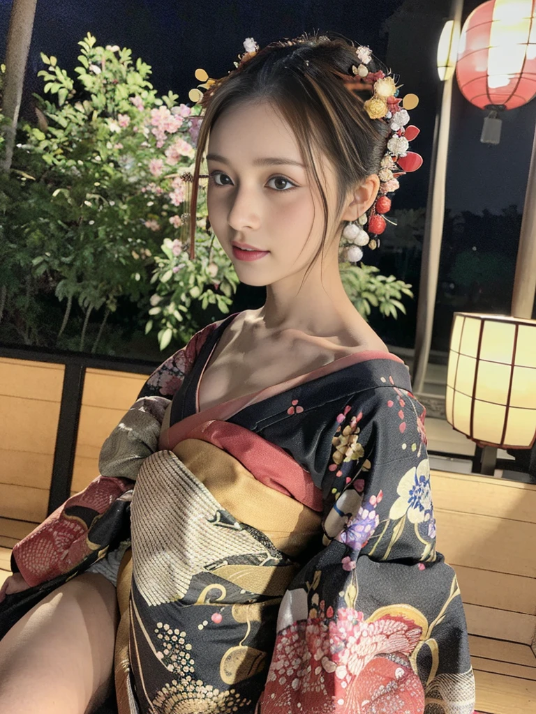 ((masterpiece(:1.4)，Highest quality，Ultra-high resolution，Highest quality，8k，Extremely detailed，In detail))。night，Japanese，A beautiful woman，Golden Ratio Style，glamorous，Big Breasts，Oiran，Long-sleeved kimono，Hair tying，hair ornaments，smoke tube，geta，Gorgeous and luxurious，(イメージビデオの撮影で遊郭にてOiranに扮したグラビアアイドルの様子)，Hyper Quality，Realistic，Actual person