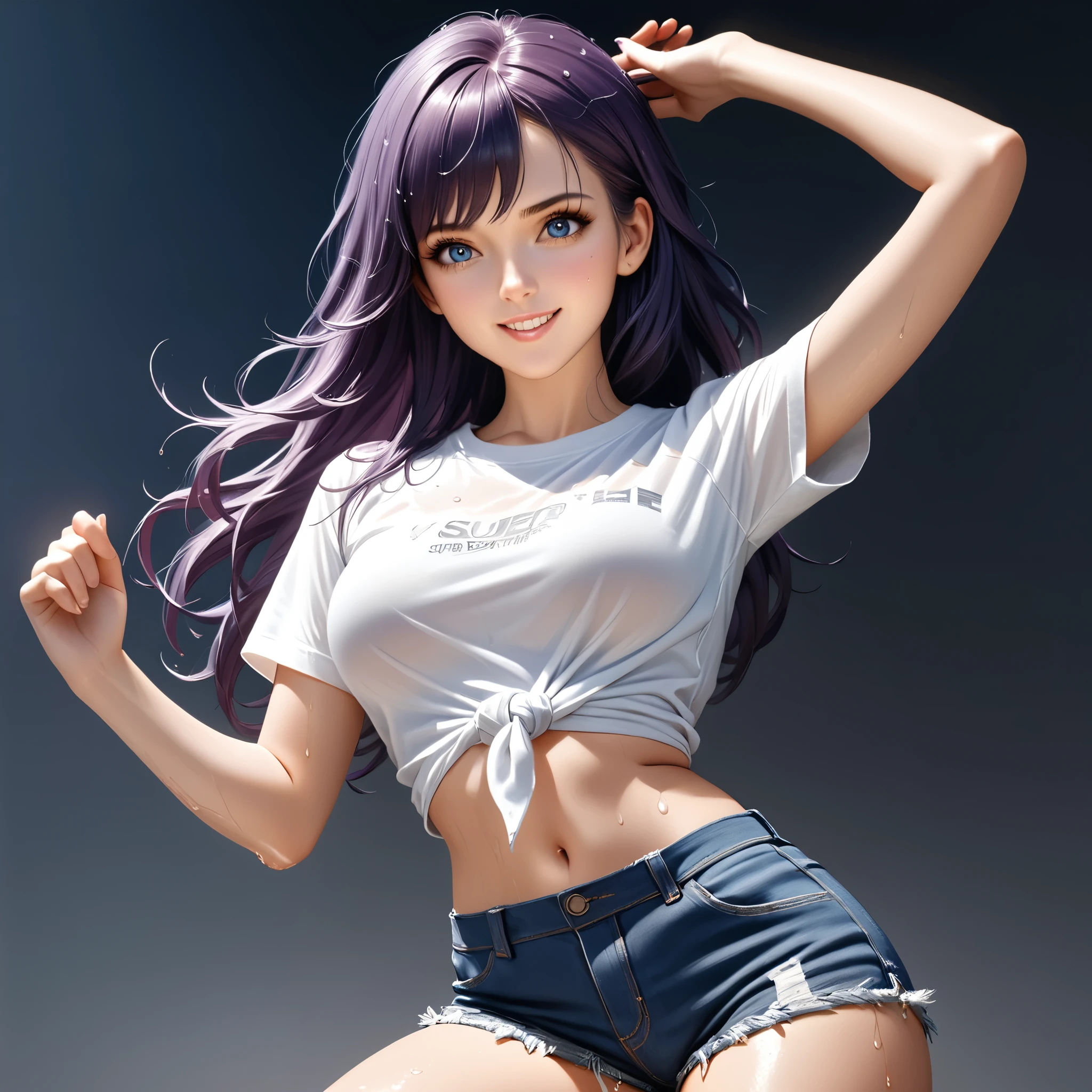 1girl, expressive eyes, perfect face, (bright purple hair, long hair), perfect anatomy, full body, looking at viewer, bright blue eyes, beautiful face, perfect face, perfect hands, perfect legs, super detailed clothing, intricate clothing,  shorts, solo, smile, denim, denim_shorts, realistic, shirt, long_hair, brown_hair, looking_at_viewer, short_shorts, wet, t-shirt, cowboy_shot, white_shirt, arm_up, midriff, messy_hair, tied_shirt, sweat, brown_eyes, cutoffs, lips, grin, standing, breasts, navel, teeth ,