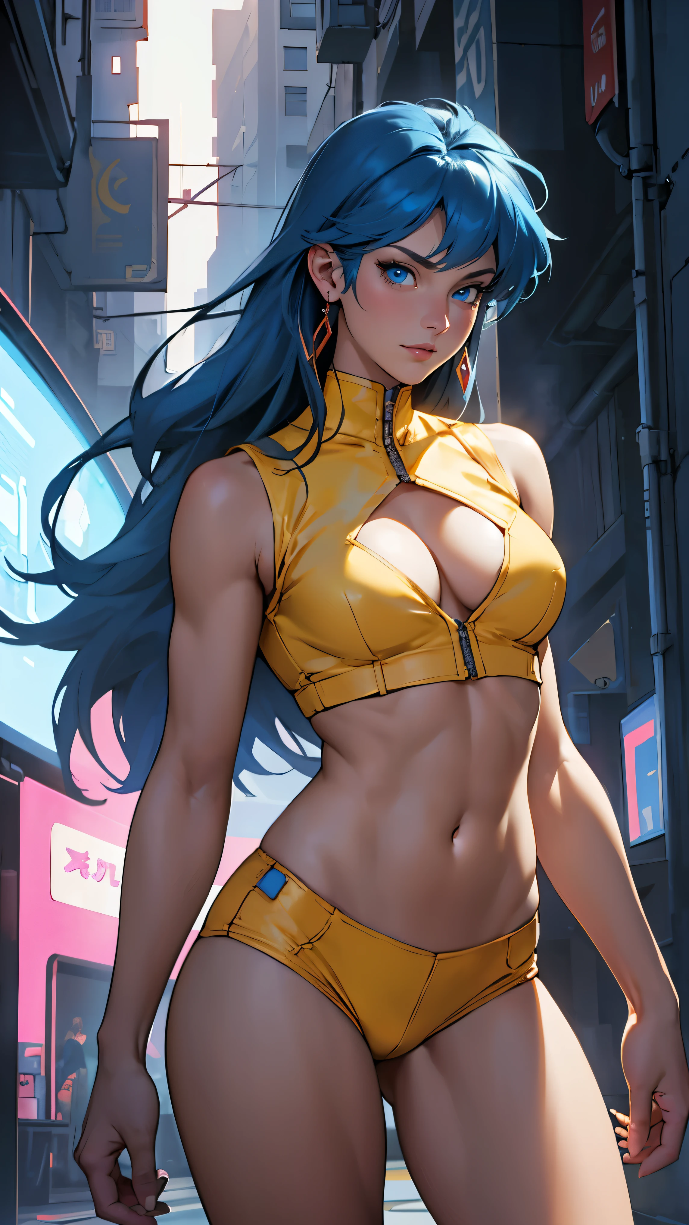 ((Masterpiece, highest quality; 1.3)), super quality, beautiful detail, super detailed, extra fine, 16K, exquisite, absurd, high resolution, beautiful background, detailed background, beautiful eyes, beautiful skin, anime style, dirtypairyuri, Dirty Pair Yuri in a skimpy light yellow outfit, long blue hair, blue eyes, earrings, white yellow uniform, white crop top, cutout, sleeveless, wearing tight clothing, skimpy, (breasts: 1.2), cleavage, cleavage, , obliques, muscular biceps, slim waist, fit thighs, thigh gap, showing stomach, skinny, wide hips, cyberpunk city background, holding a retro space gun