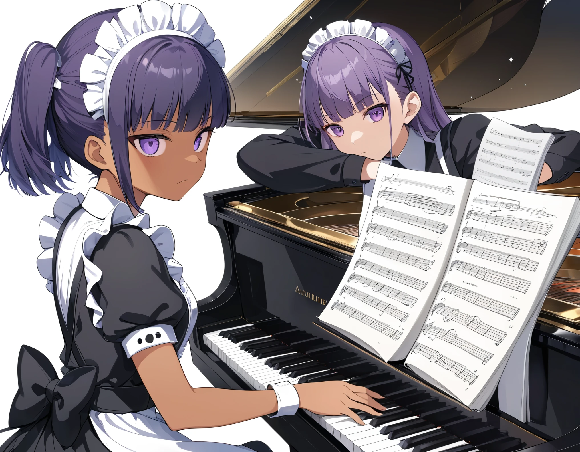 ((best quality)), ((masterpiece)), (detailed), perfect face, high detailed eyes, purple hair, hime cut, maid headdress, anime style, sparkle, Maid outfit, maid apron, Pianist, Grand Piano, Playing the piano, Maid playing piano, Beautiful girl, serious gaze, concentrating on playing, tanned skin, dark skin, from avobe