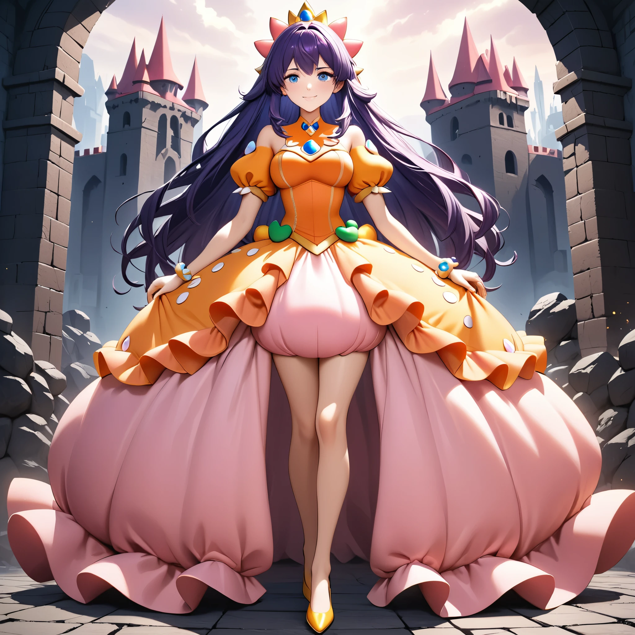 1girl, expressive eyes, perfect face, (bright purple hair, long hair), perfect anatomy, full body, looking at viewer, bright blue eyes, beautiful face, perfect face, perfect hands, perfect legs, super detailed clothing, intricate clothing, her hair is bright purple and long, she is wearing princess peach clothes, peach outfit, princess peach accessories, in the background you can see a dark castle with lava gushing out, she is looking at the viewer, she has a perfect face and very detailed, perfect hands, perfect legs, has a pleasant smile and bright blue eyes, is standing,