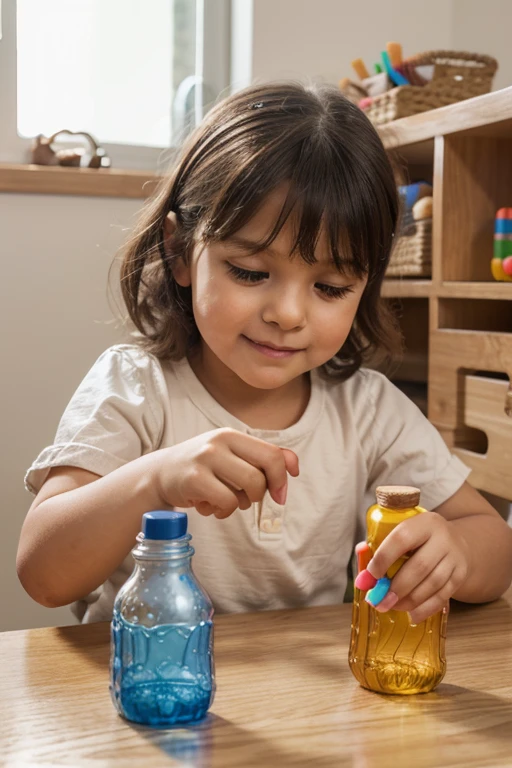Realistic cartoon of a two year old girl, with collectitas, blue t-shirt and blue cheeky skirt and in her right hand with her bottle