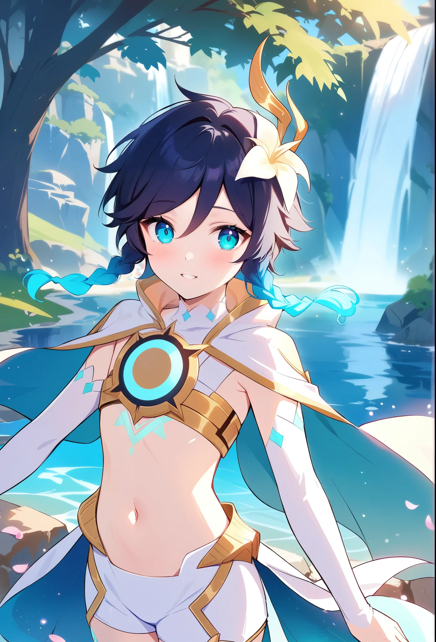 (masterpiece,best quality,4k,8k,absurdres:1.2),1boy,flat chest,venti_(archon)_(genshin_impact),bare stomach,graceful,black hair,ancient ruins,manga,natural lighting,full background,beautiful,perfect,building,scenery,garden,surreal,isolated,water,ocean,floating particles,vivid,fantasy:1.1,shimmer,shallow depth of field,perfect lighting,bloom,day,outdoors:1.3,atmospheric,blue sky,above the clouds,windy,flying petals,tree,waterfall,water,stream,dappled sunlight,halation:0.8,paradise,highres