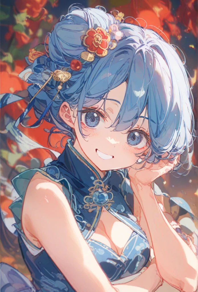 (masterpiece:1.3), (best quality:1.3), high resolution, 


overlook view, couboy shot, 
leaning forward, body facing forward, 

(one cute girl:1.3), solo, 
white skin, small Breast, eight-headed person, 
light blue hair, (bobbed hair:1.2), (short hair:1.1), (blunt bangs:1.2), beautiful hair, blue eyes, beautiful detailed eyes, 

open mouth, heart, cheerful smile, 

chinese clothes, white and red clothes, earrings, 

(white background:1.2), 

shadowlighting,
